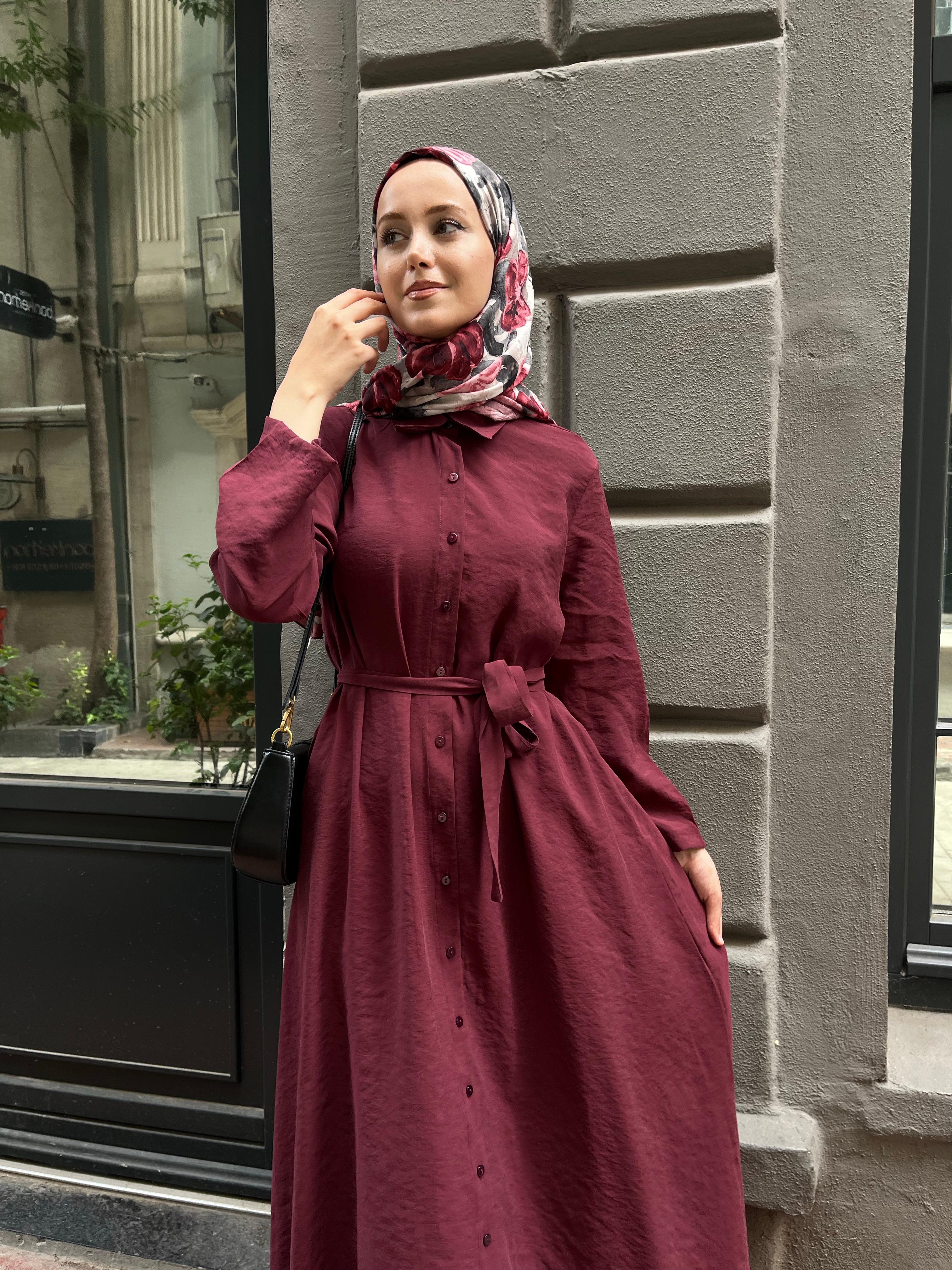 Bordo Modal Gömlek Elbise