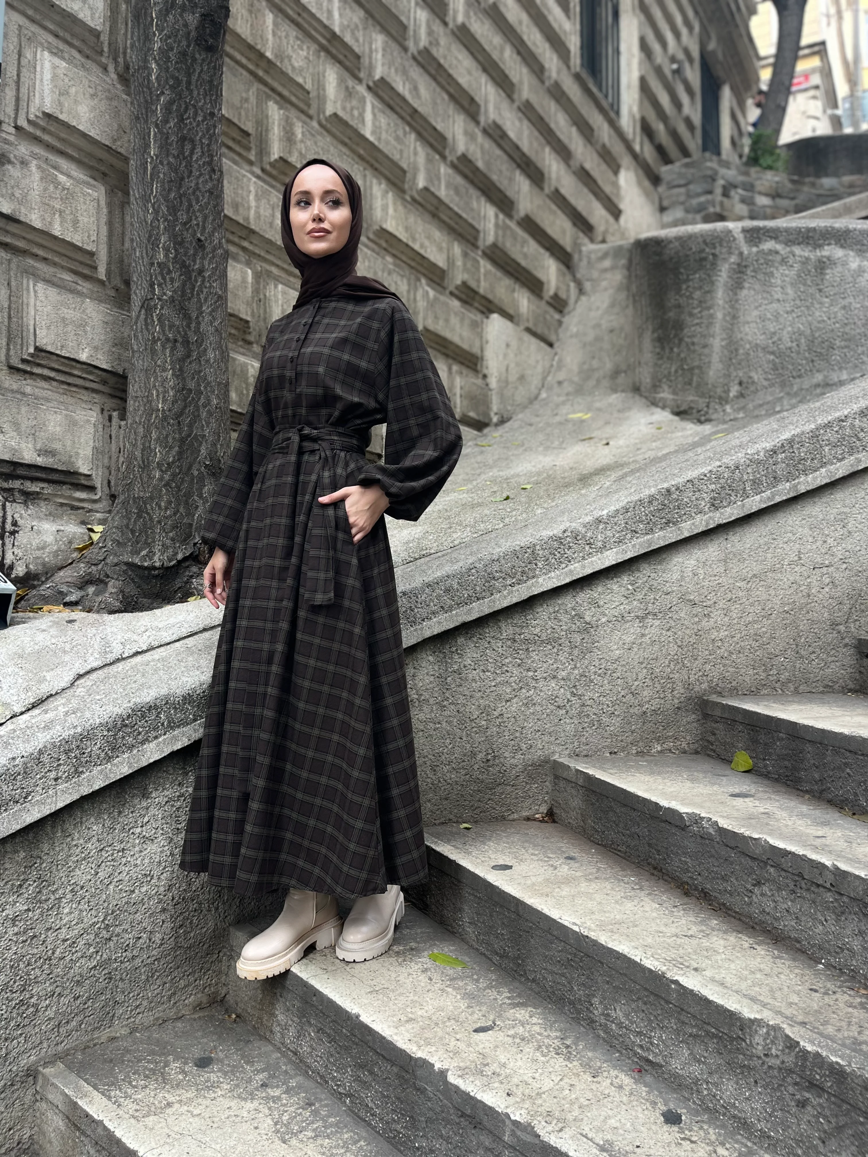 Ekose Elbise- Kahverengi