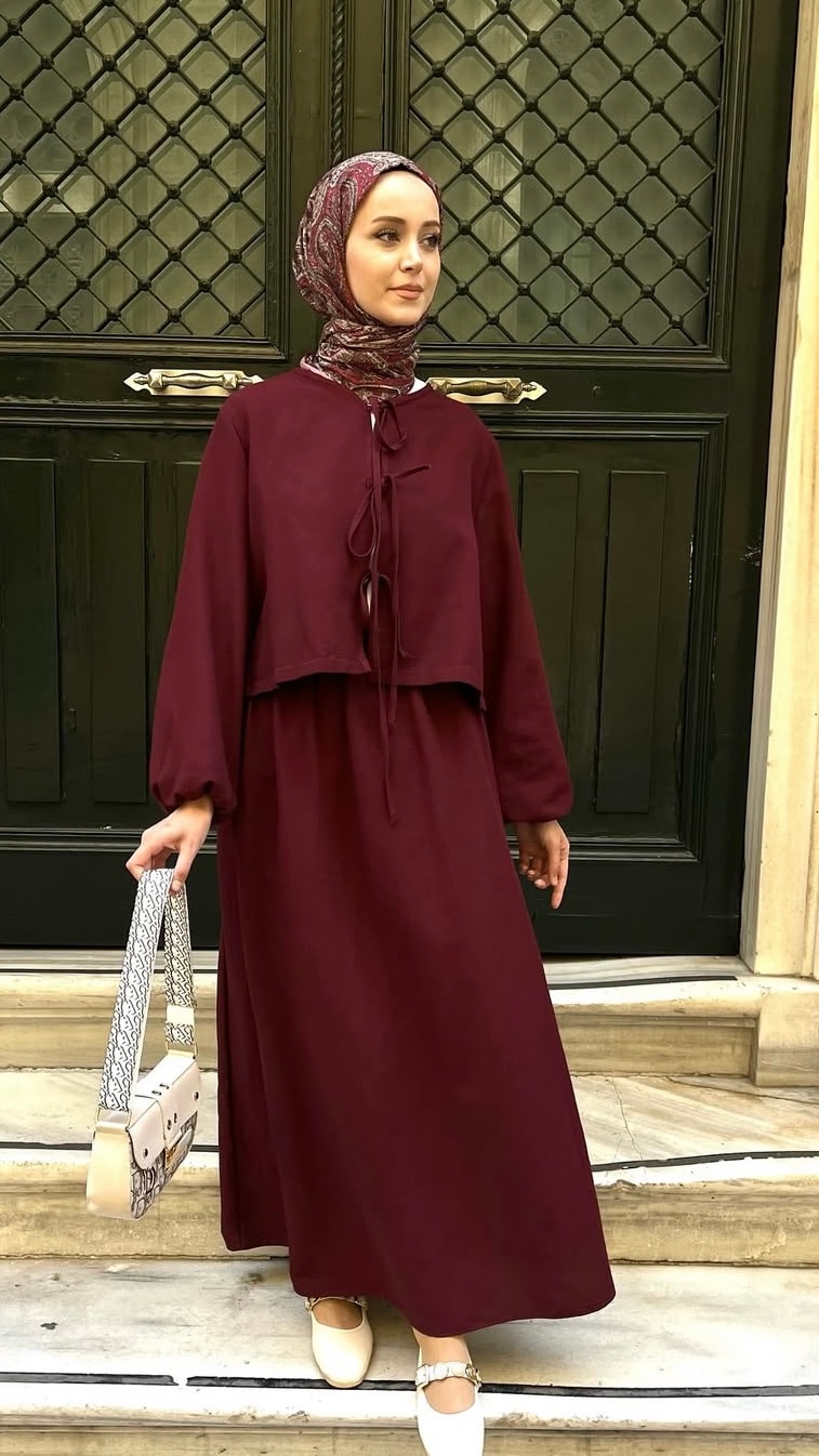 Bağlamalı Keten Takım - Bordo