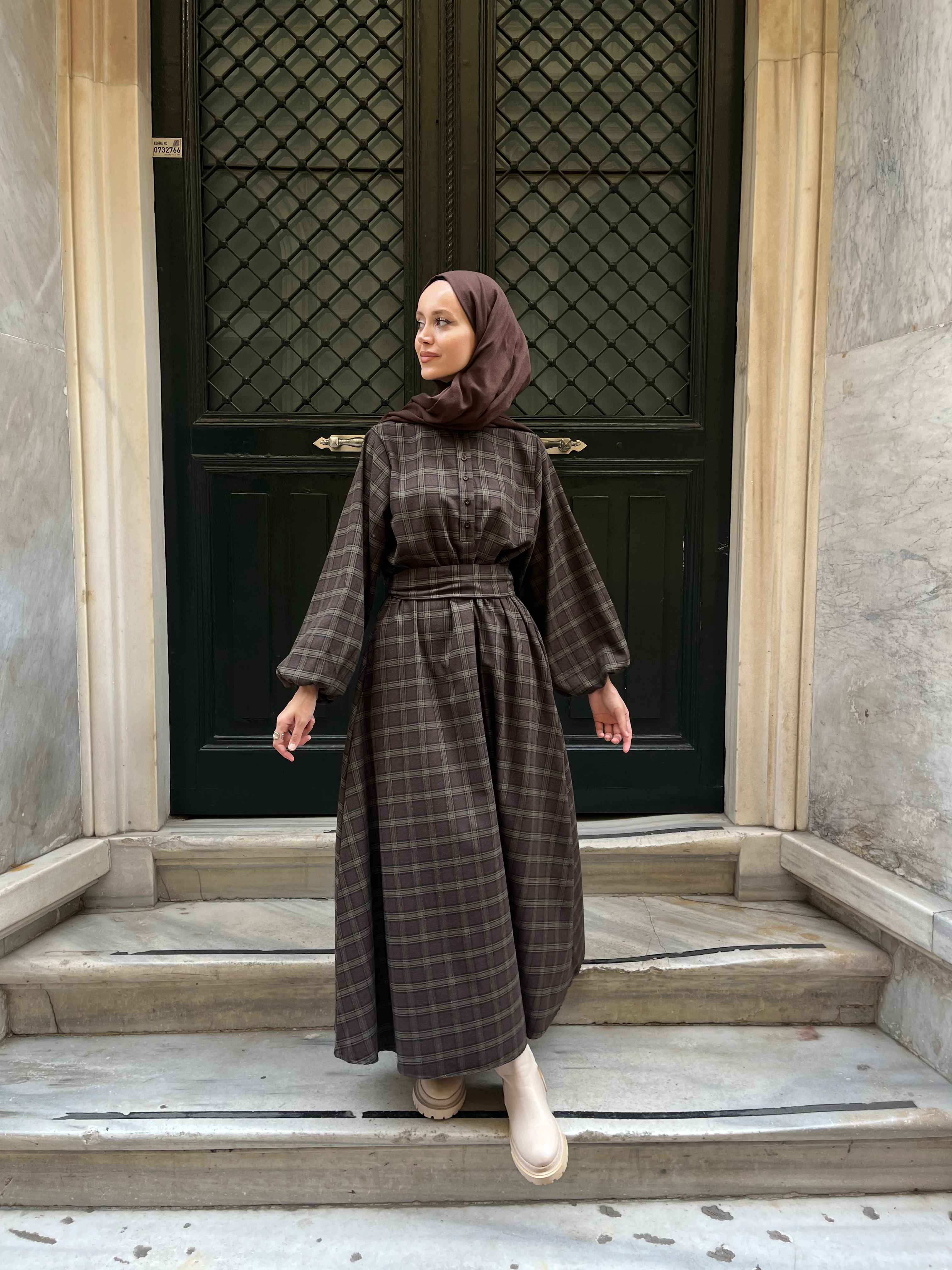 Ekose Elbise- Kahverengi