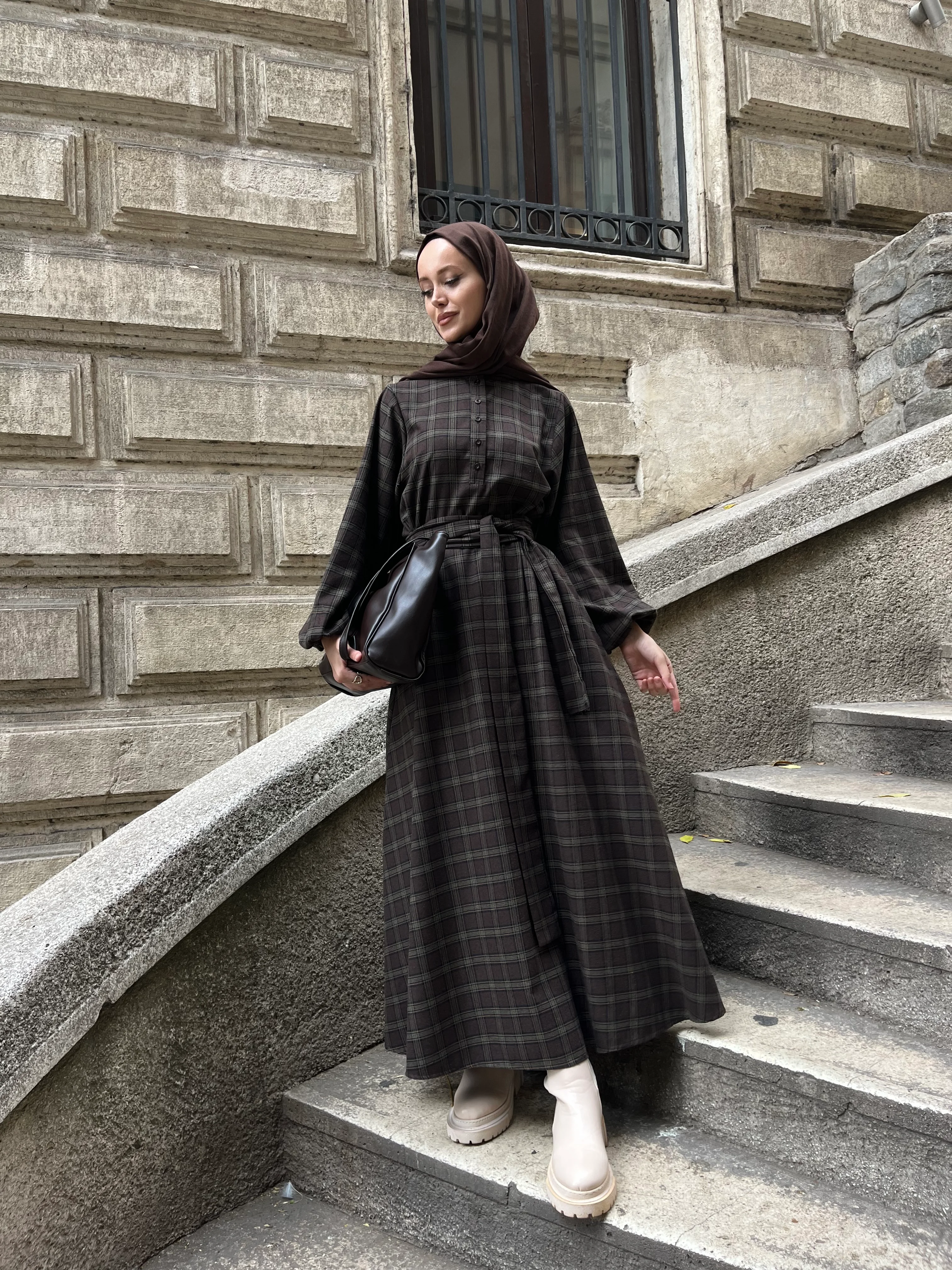 Ekose Elbise- Kahverengi