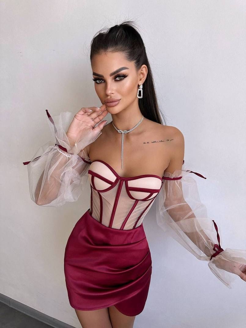 Saten Kumaş Astarlı Tül Kol Detaylı Mini Elbise - Bordo