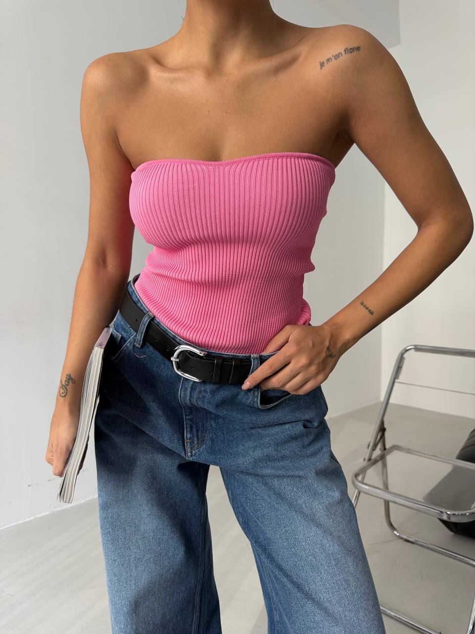 Straplez Fitilli Crop - Pembe