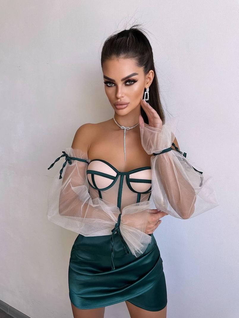 Saten Kumaş Astarlı Tül Kol Detaylı Mini Elbise - Gri