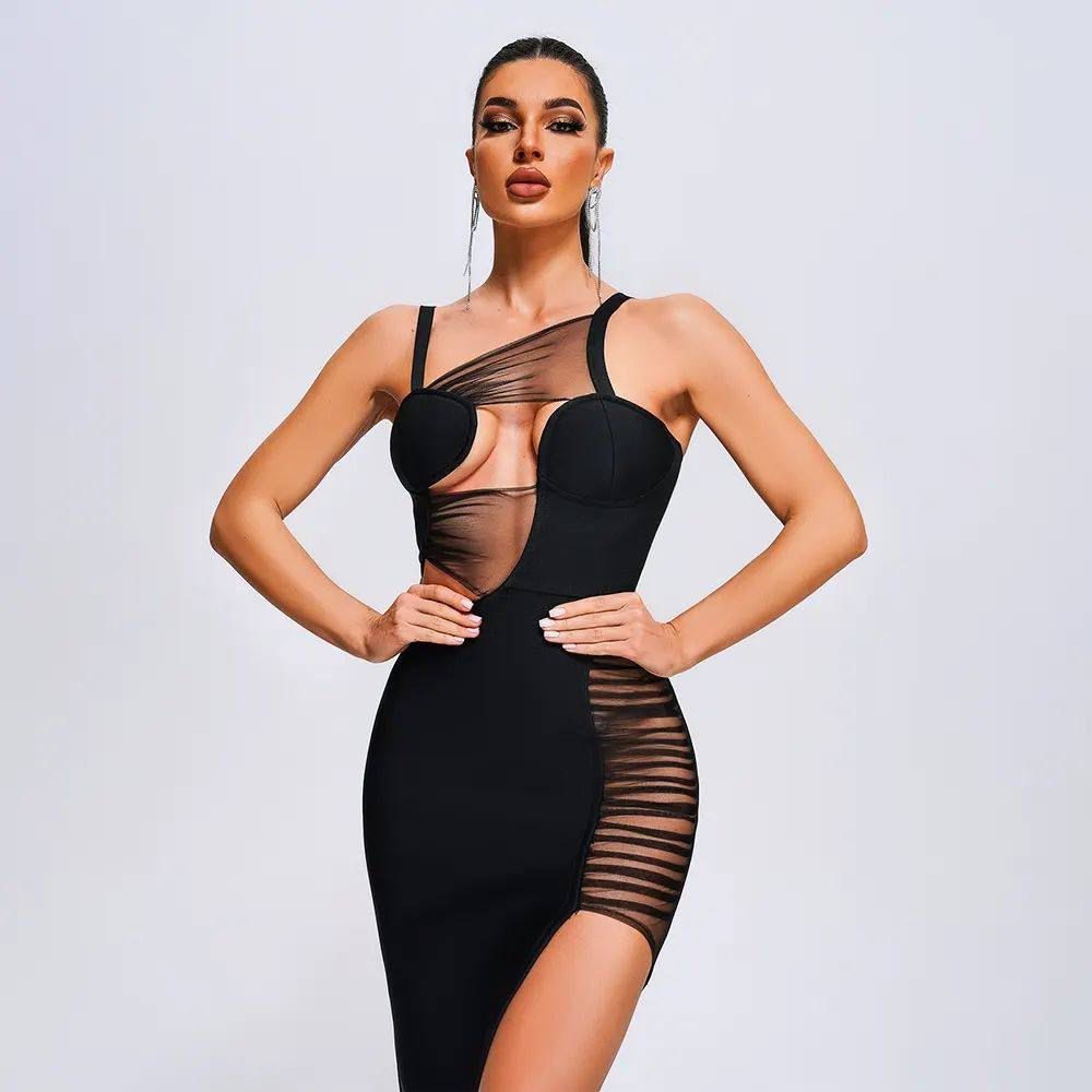 SCUBA CREP KUMAŞ TRANSPARAN DETAY MAXİ ELBİSE