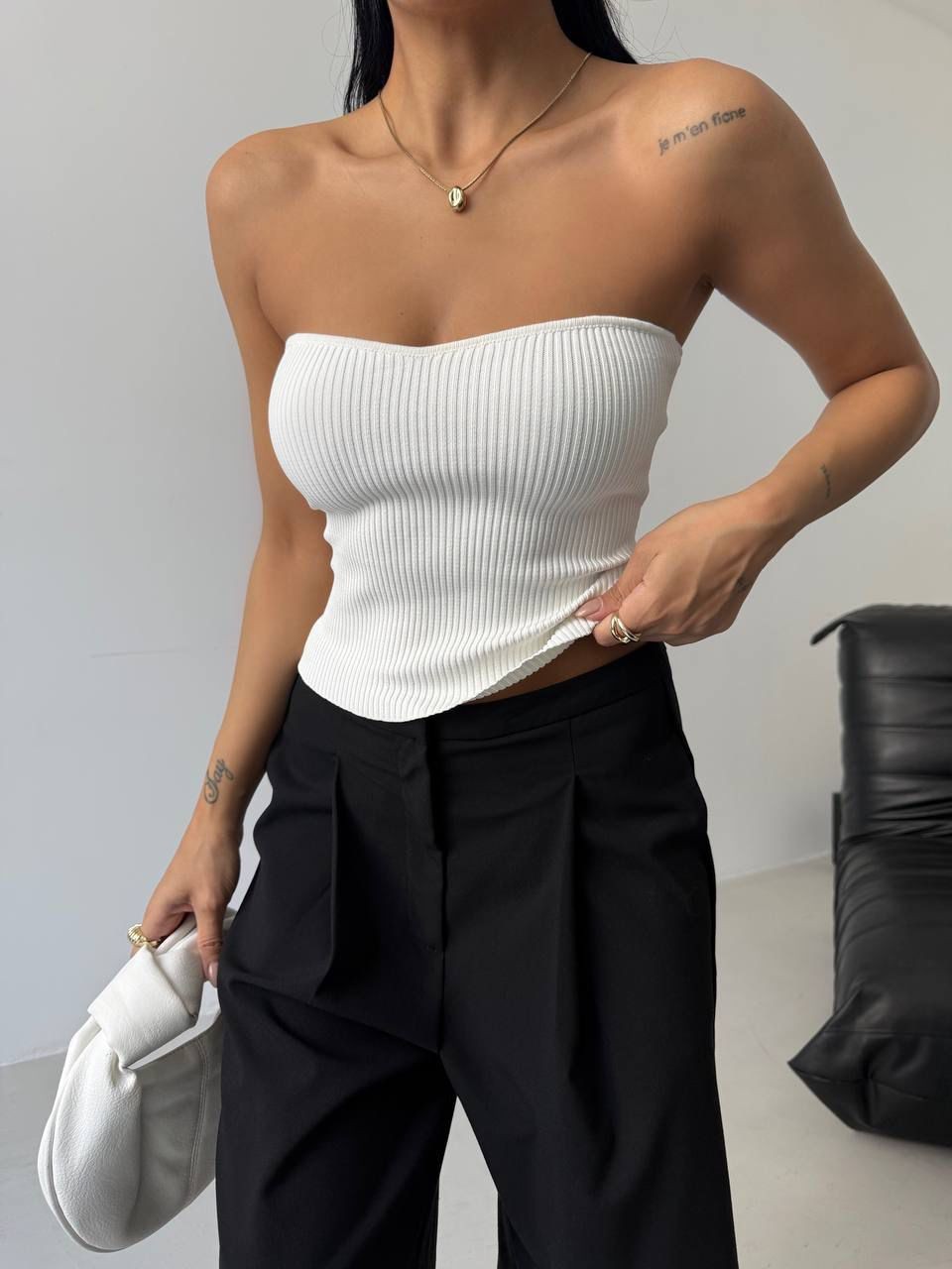 Straplez Fitilli Crop - Beyaz