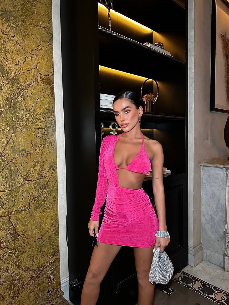 PEMBE TEK KOL MİNİ ELBİSE - Pembe