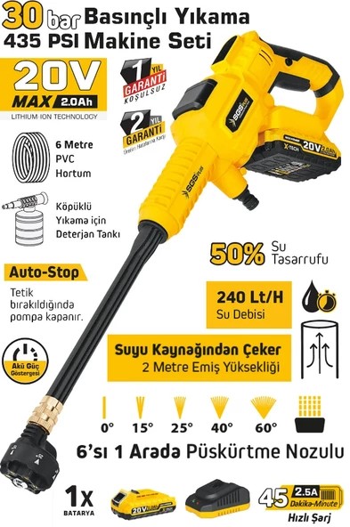 SGS AKÜLÜ BASINÇLI YIKAMA MAK. SETİ 30 BAR 435PSI 1*2.0 AH