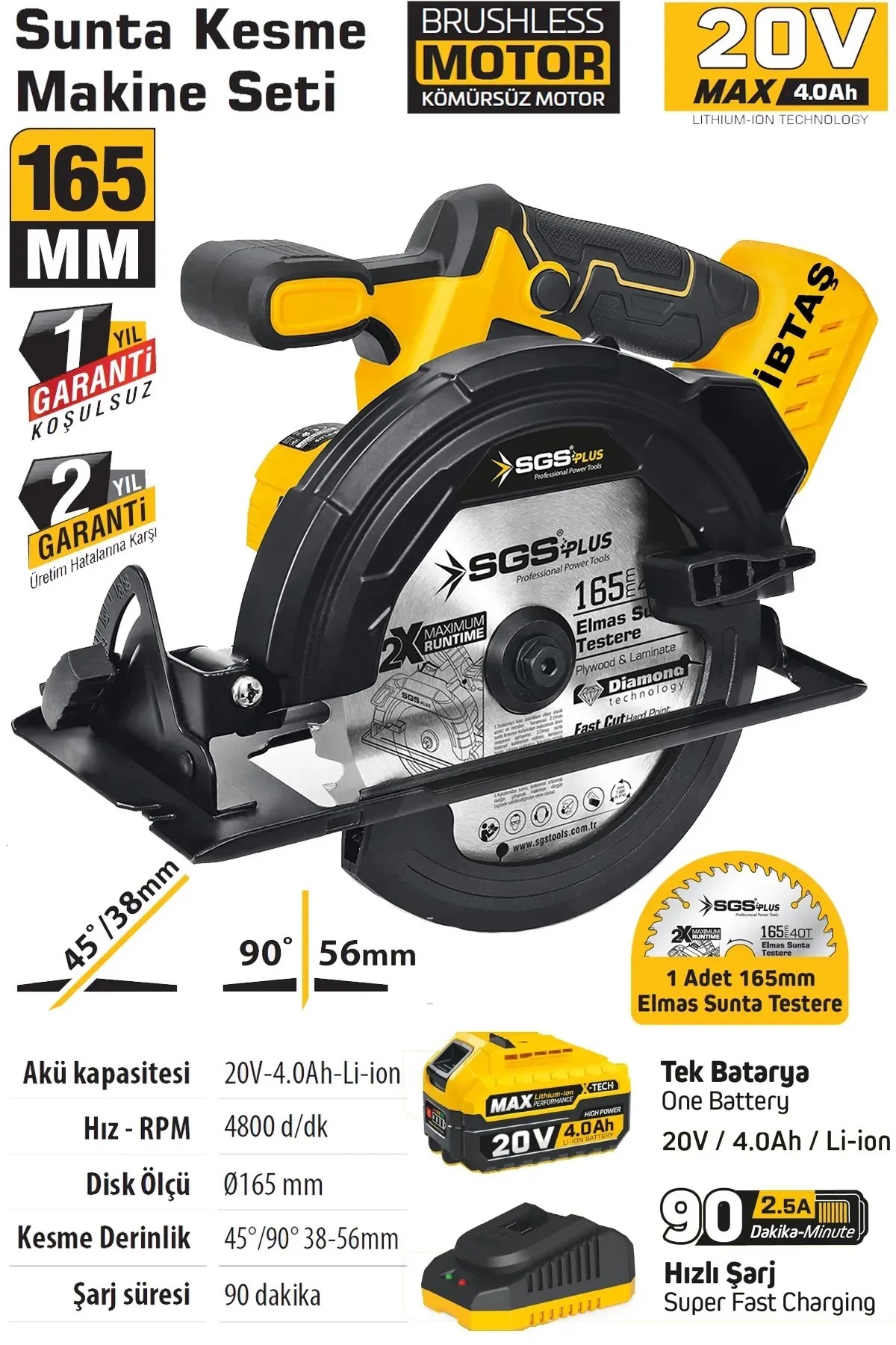 SGS AKÜLÜ SUNTA KESME MAKİNESİ SETİ 165 MM 1*4.0 Ah (KÖMÜRSÜZ MOTOR)