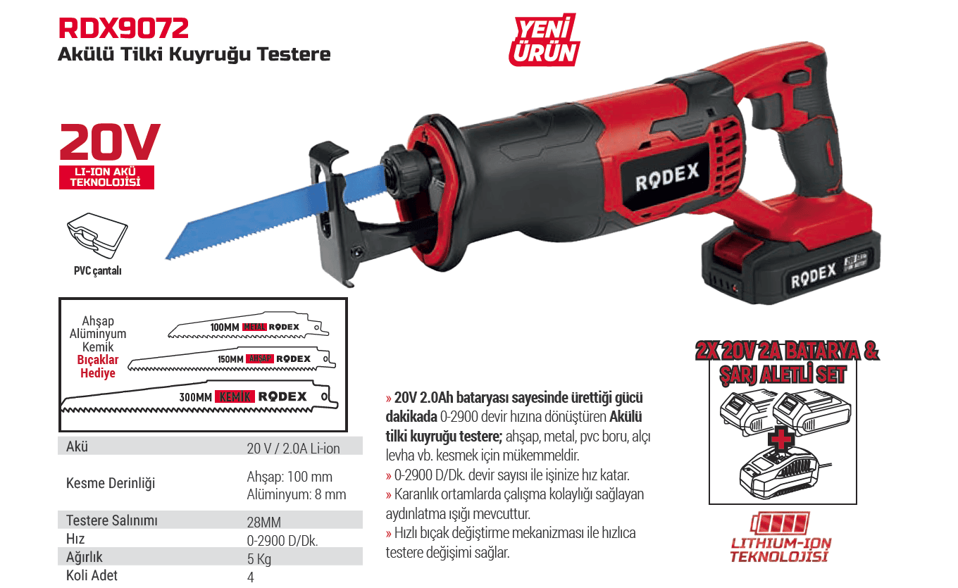 RODEX A.TİLKİ KUYRUĞU TESTERE 28 MM 0-2900RPM 20V 2xLİ-ON 2.AH ÇANTALI