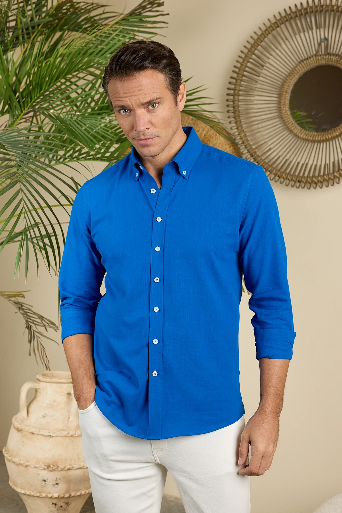 Keten Görünümlü Pamuklu Slim Fit Erkek Gömlek - Saks