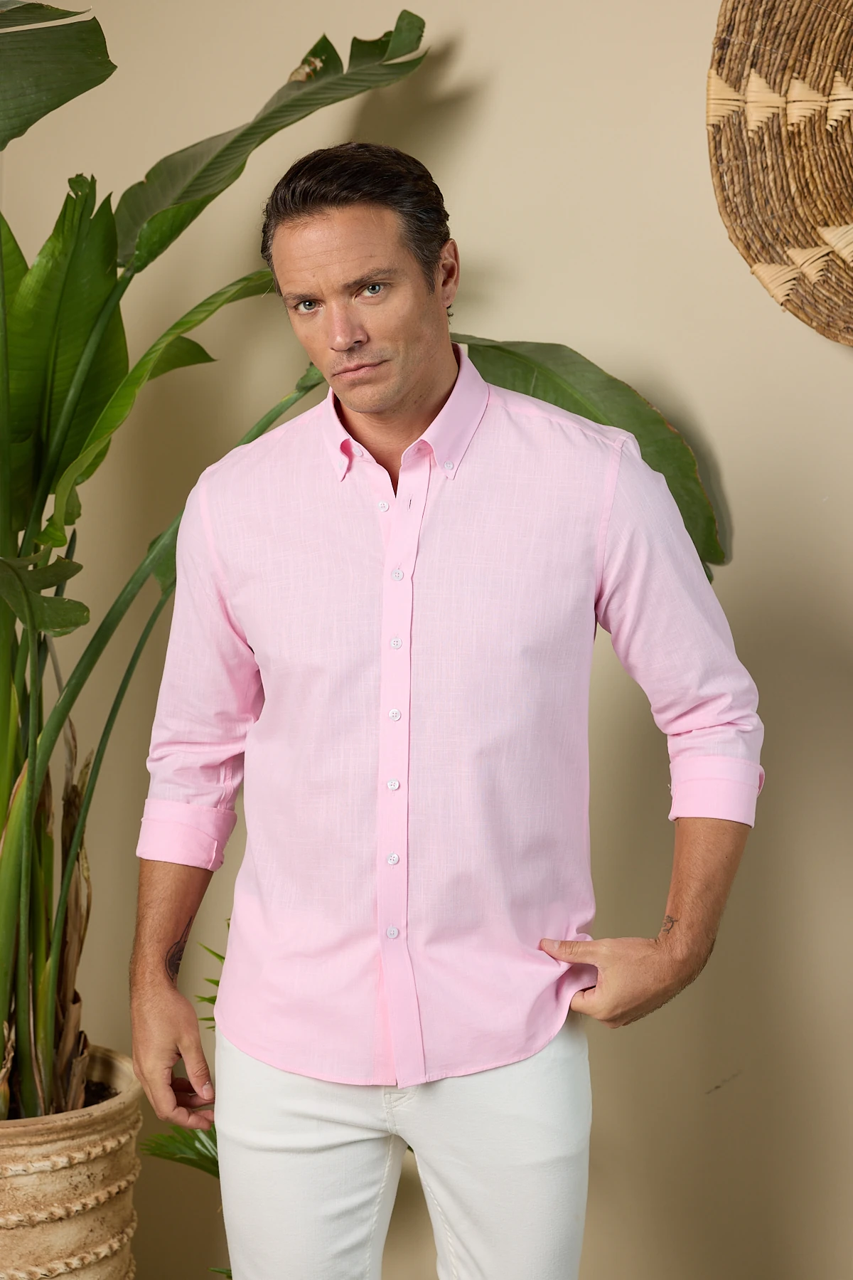 Keten Görünümlü Pamuklu Slim Fit Erkek Gömlek - Pembe