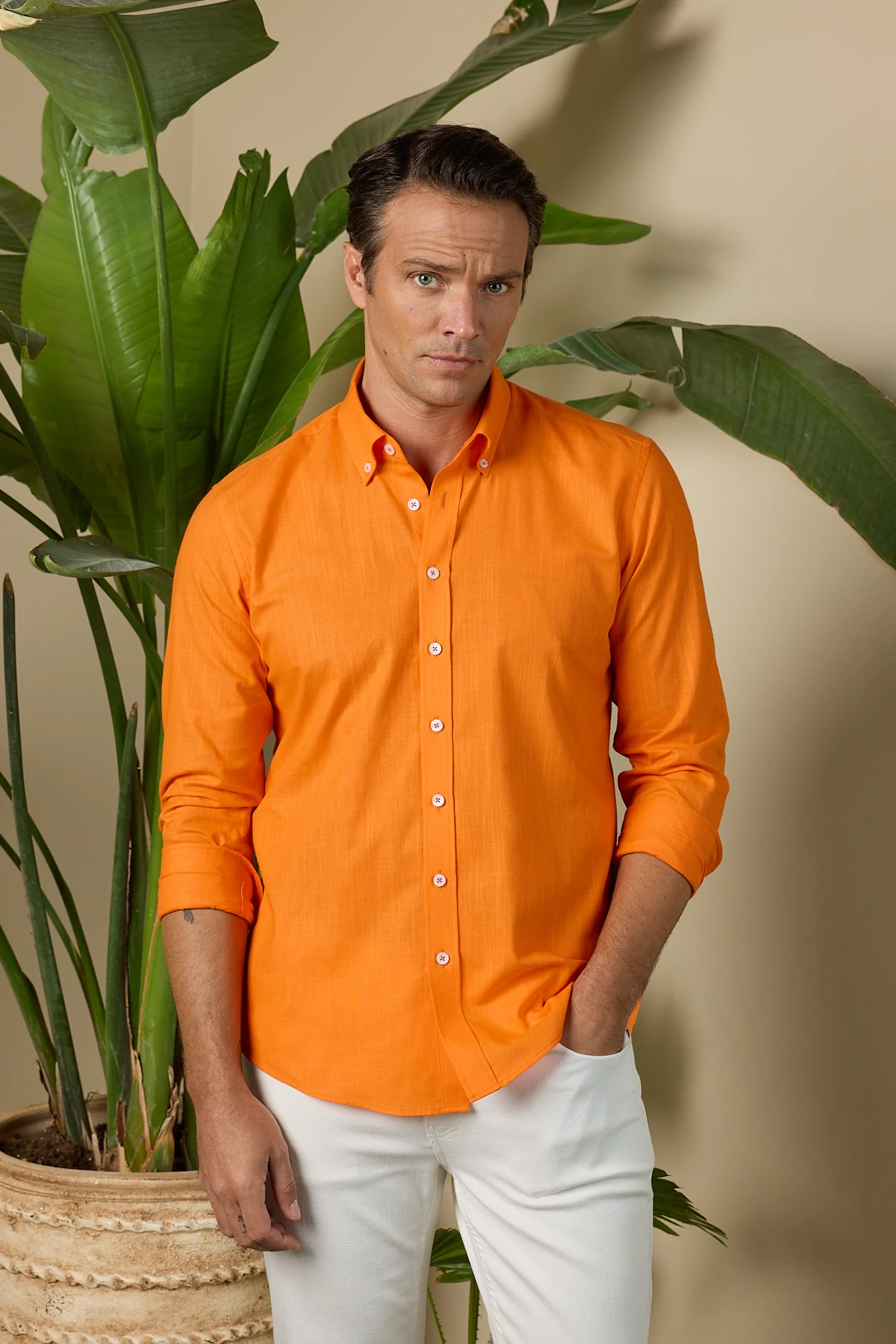 Keten Görünümlü Pamuklu Slim Fit Erkek Gömlek - Turuncu