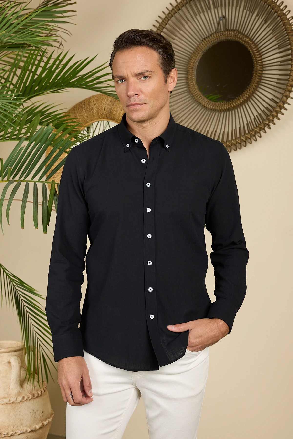 Keten Görünümlü Pamuklu Slim Fit Erkek Gömlek - Siyah