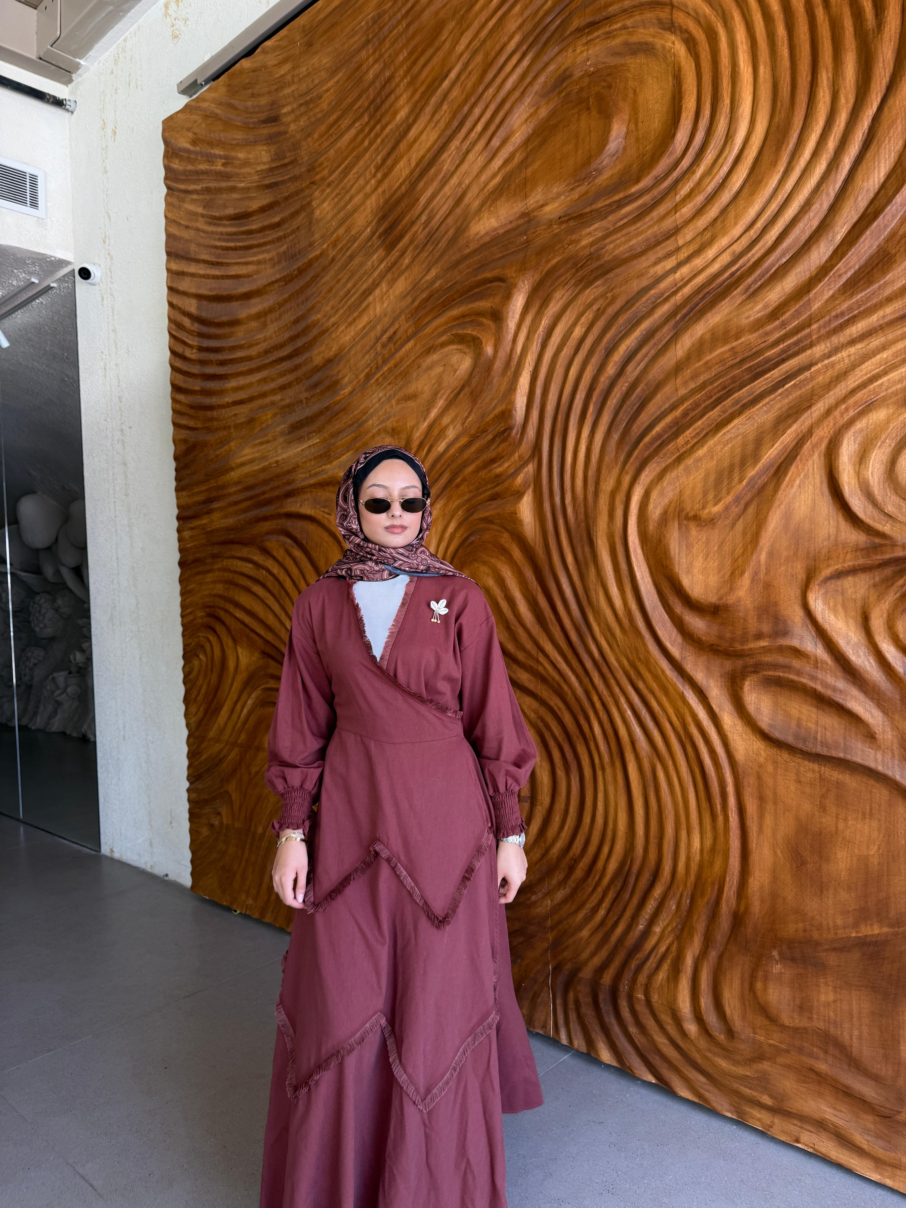 Püsküllü Keten Kiremit Kimono Elbise