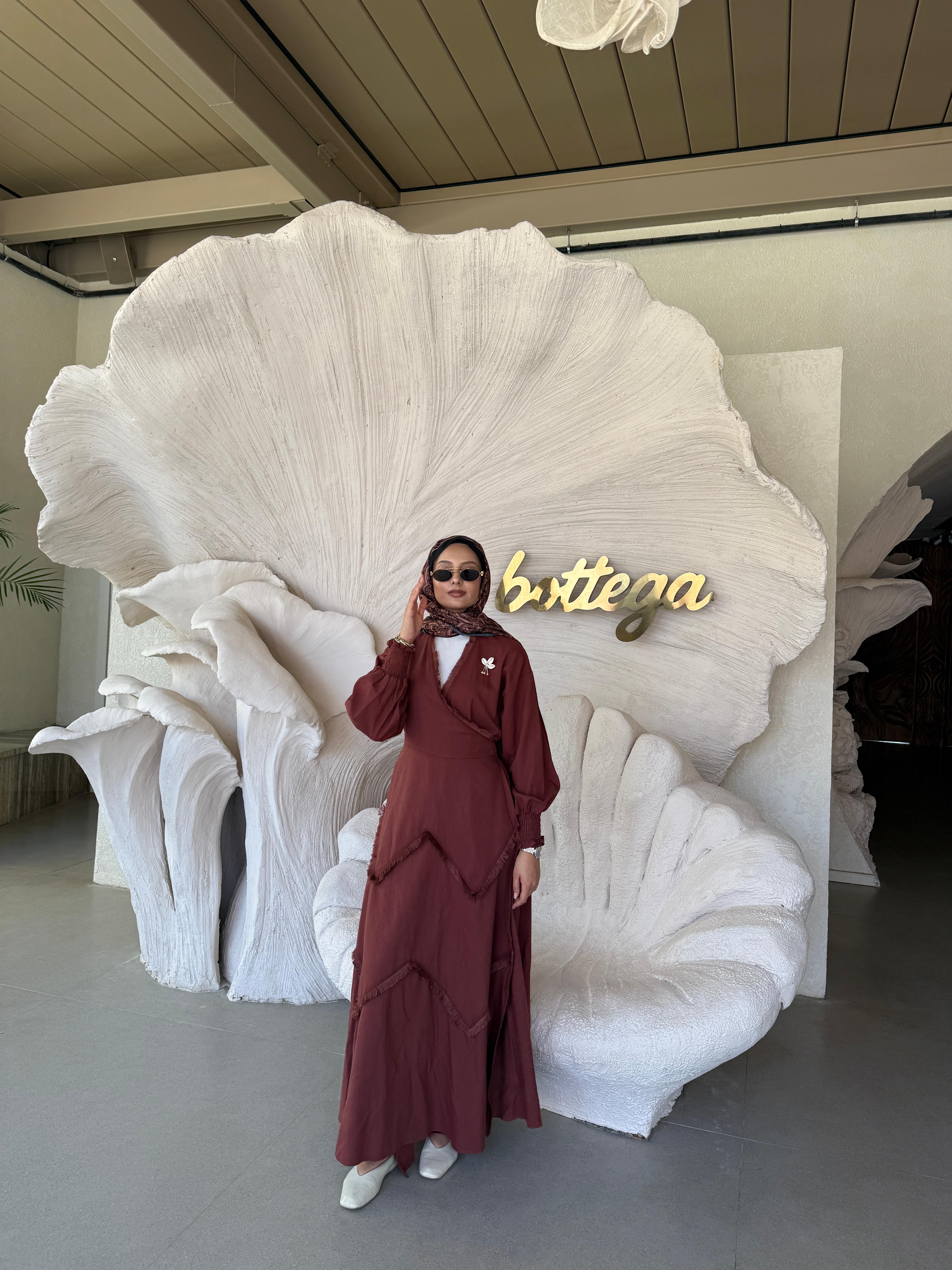 Püsküllü Keten Kiremit Kimono Elbise