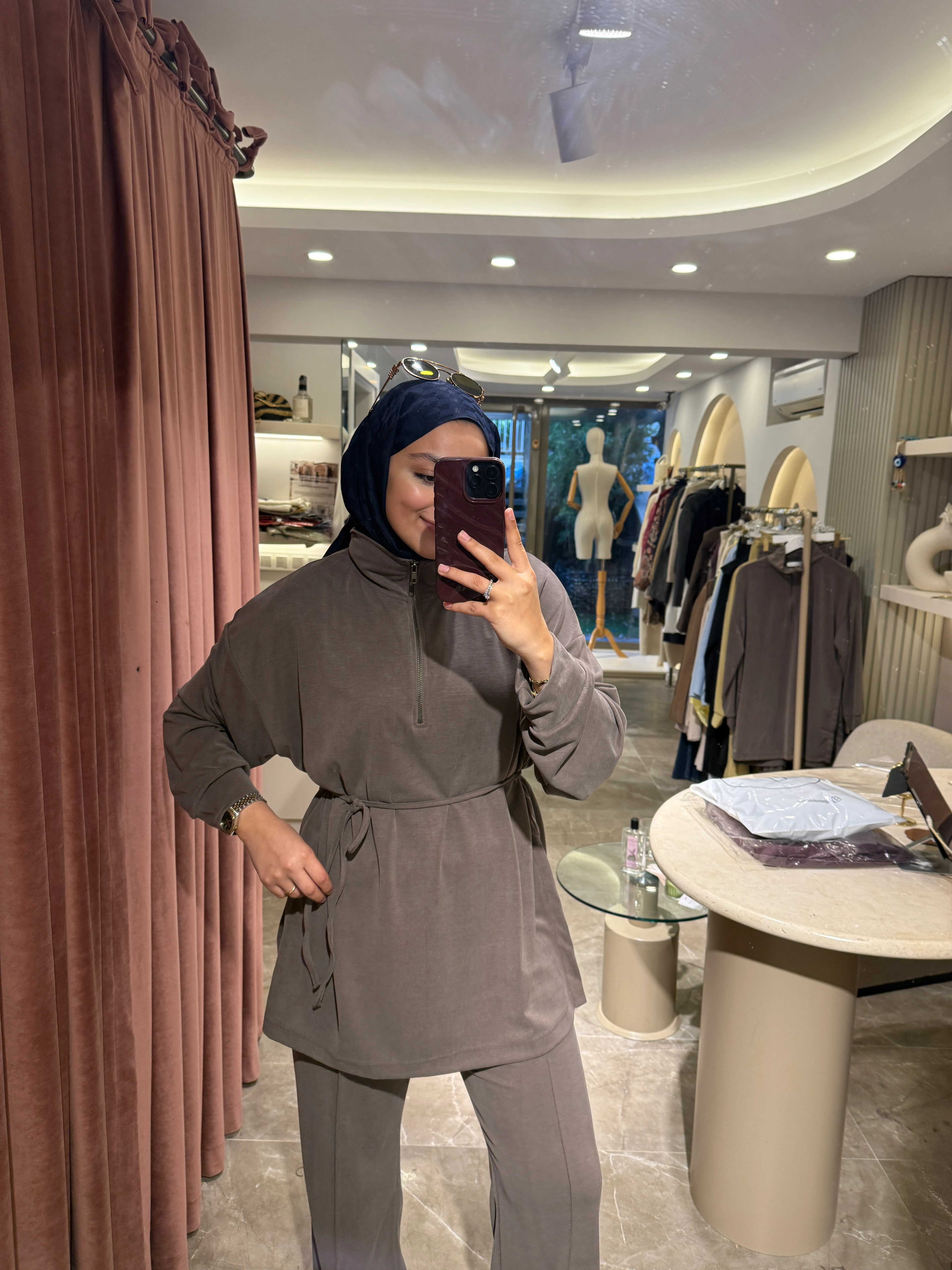 Fermuarlı Dik Yaka Premium Oysho Takım - Sütlü Kahve 