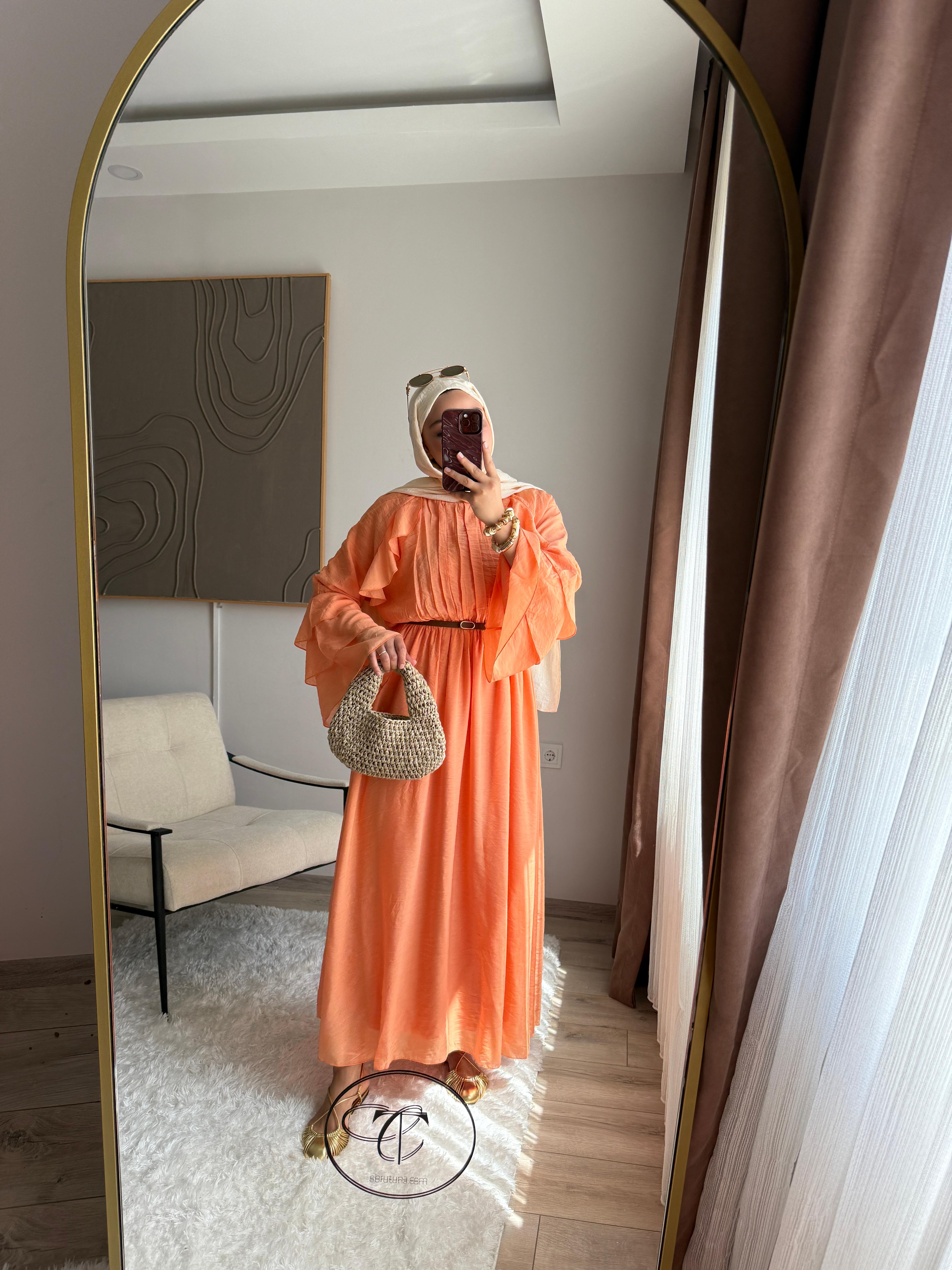 Soft Turuncu Plise Maxi Elbise
