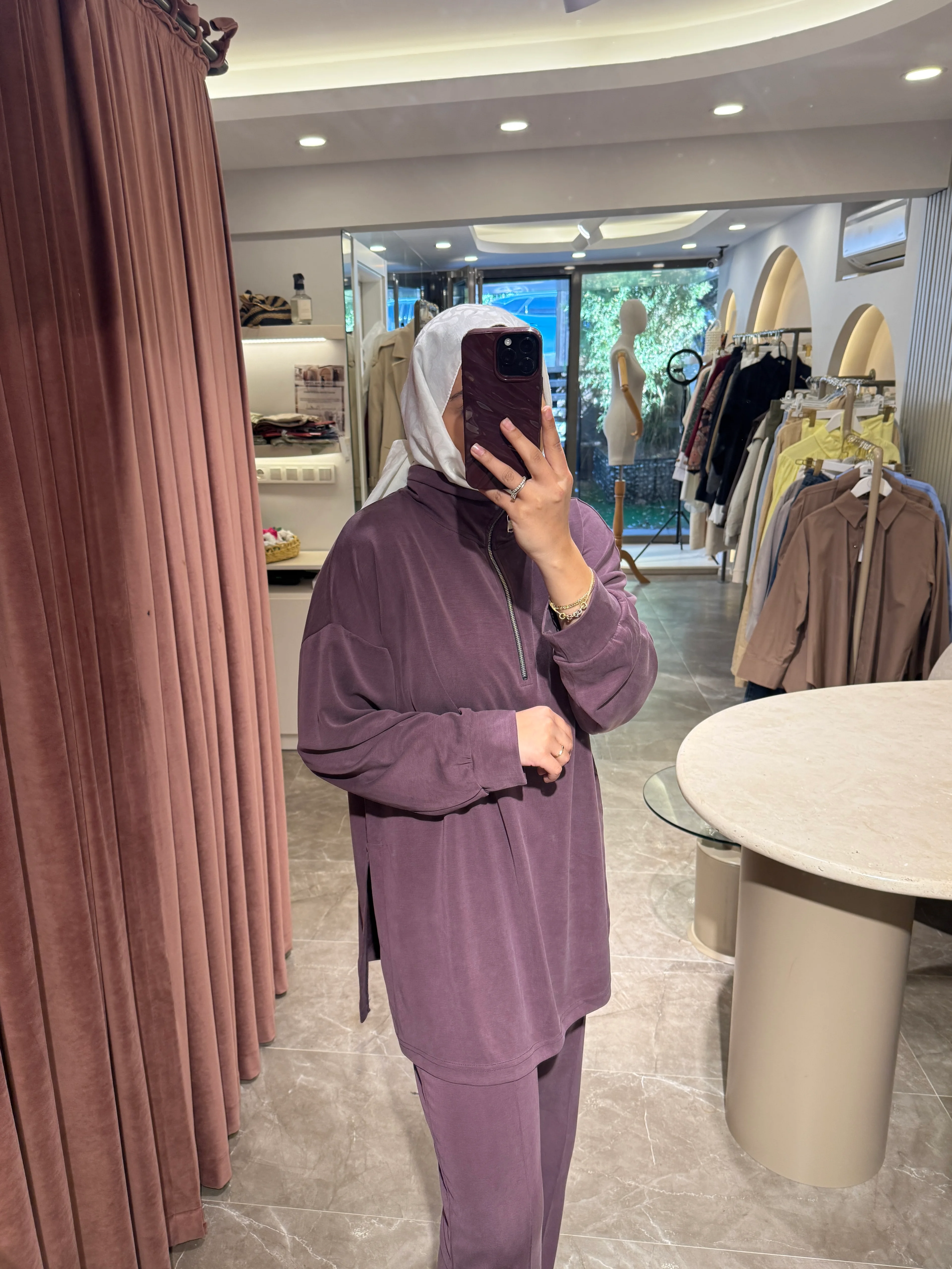 Fermuarlı Dik Yaka Premium Oysho Takım - Mürdüm 