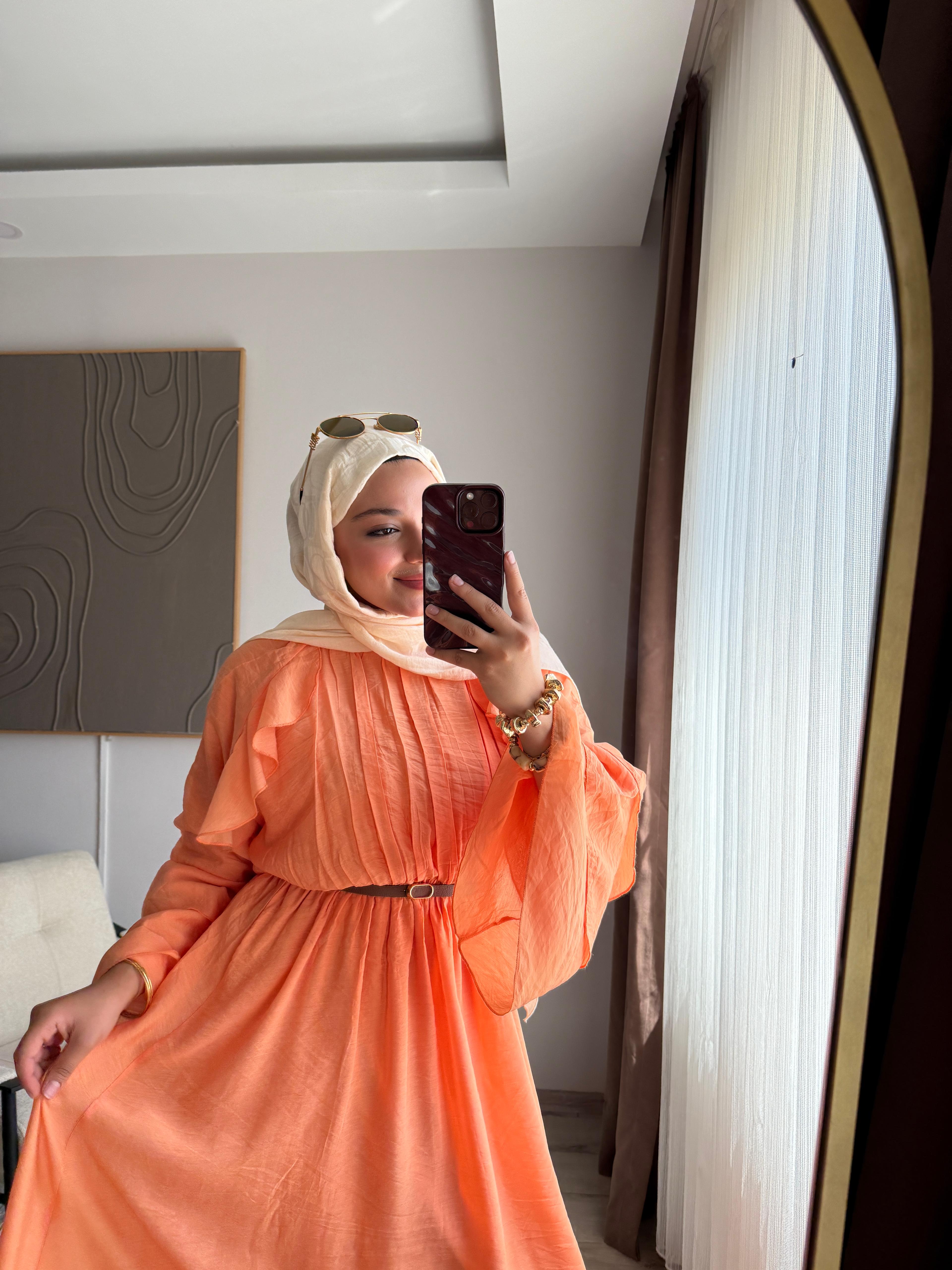 Soft Turuncu Plise Maxi Elbise