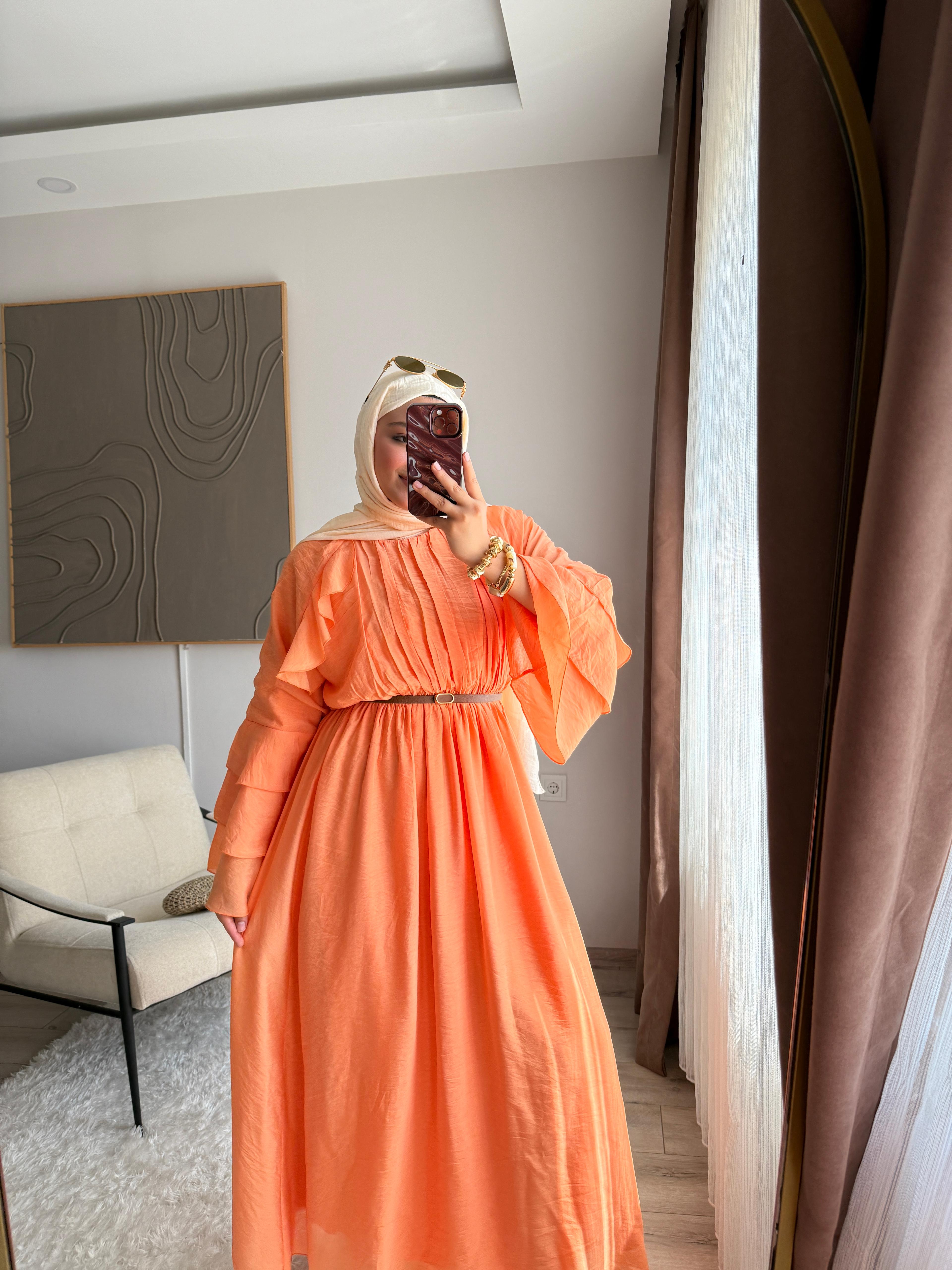 Soft Turuncu Plise Maxi Elbise