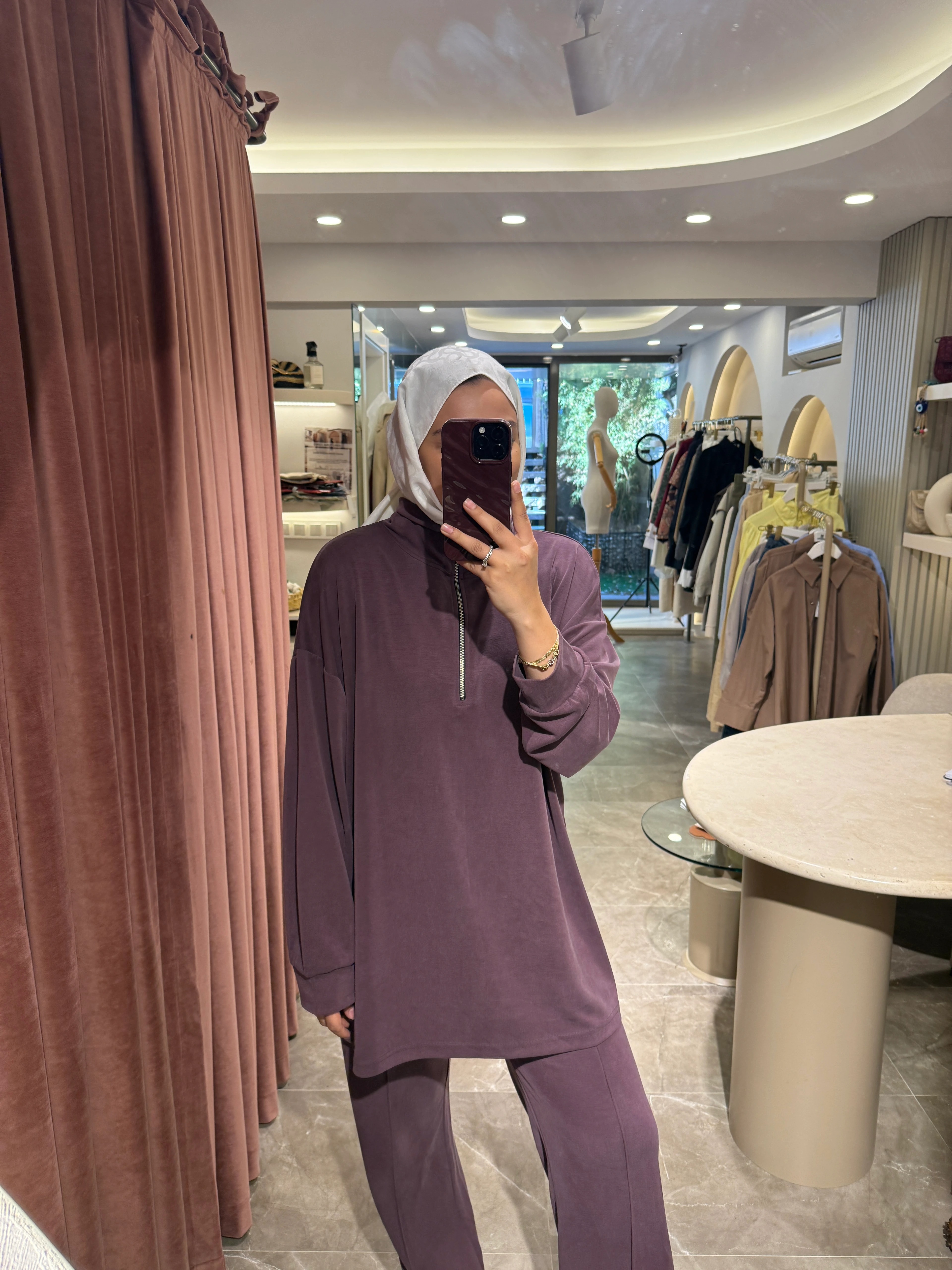 Fermuarlı Dik Yaka Premium Oysho Takım - Mürdüm 