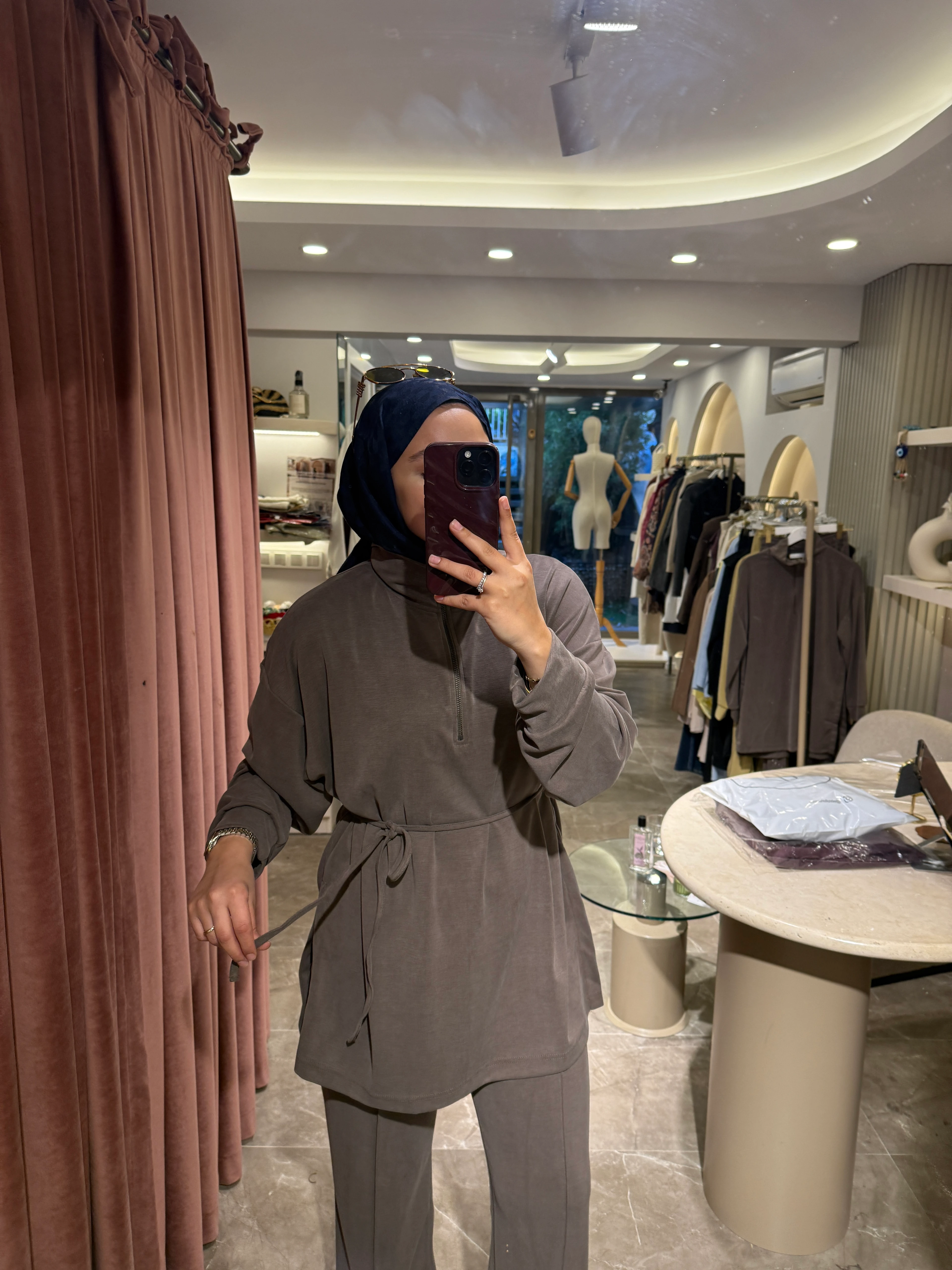 Fermuarlı Dik Yaka Premium Oysho Takım - Sütlü Kahve 