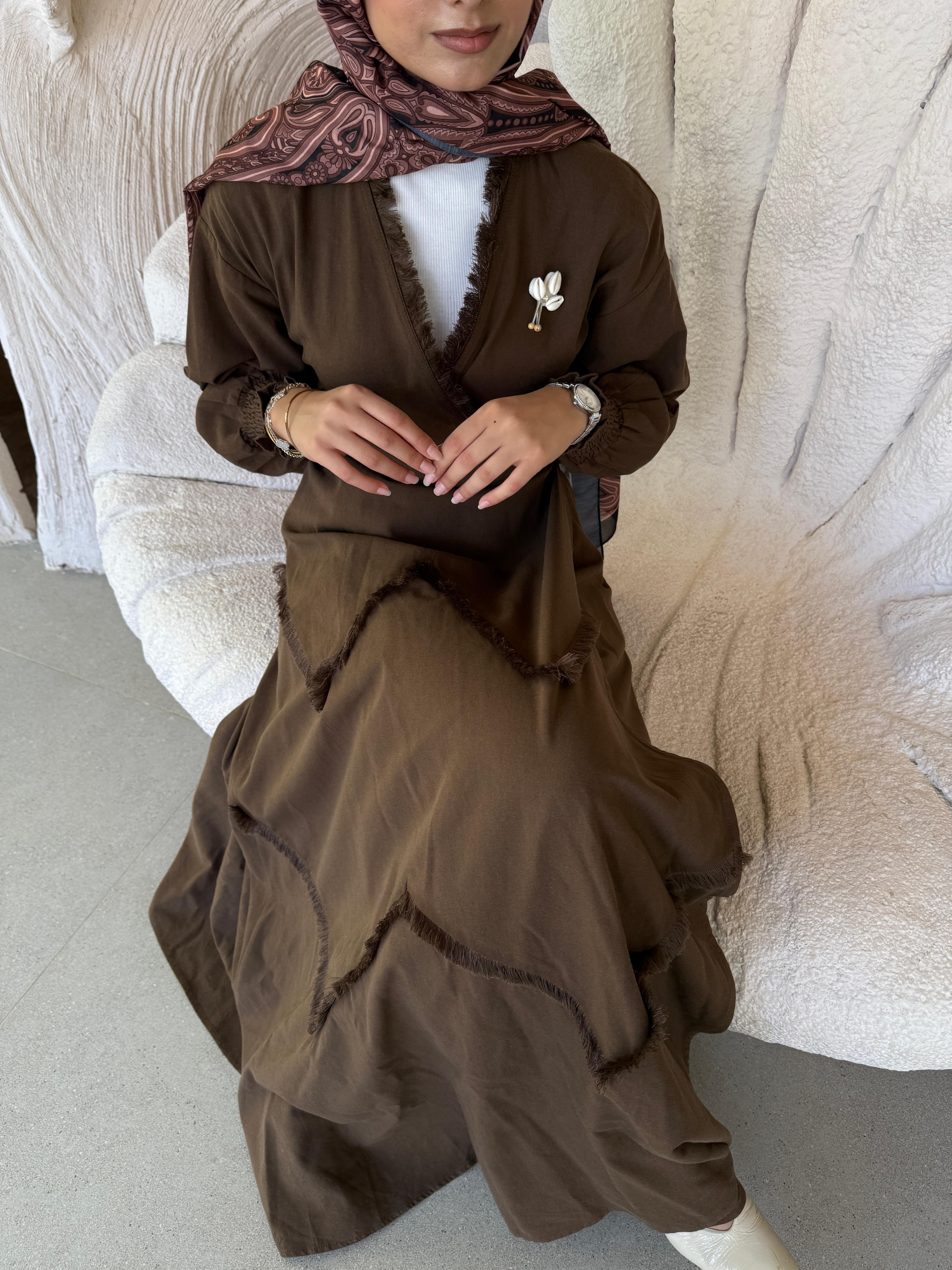 Püsküllü Keten Acı Kahve Kimono Elbise