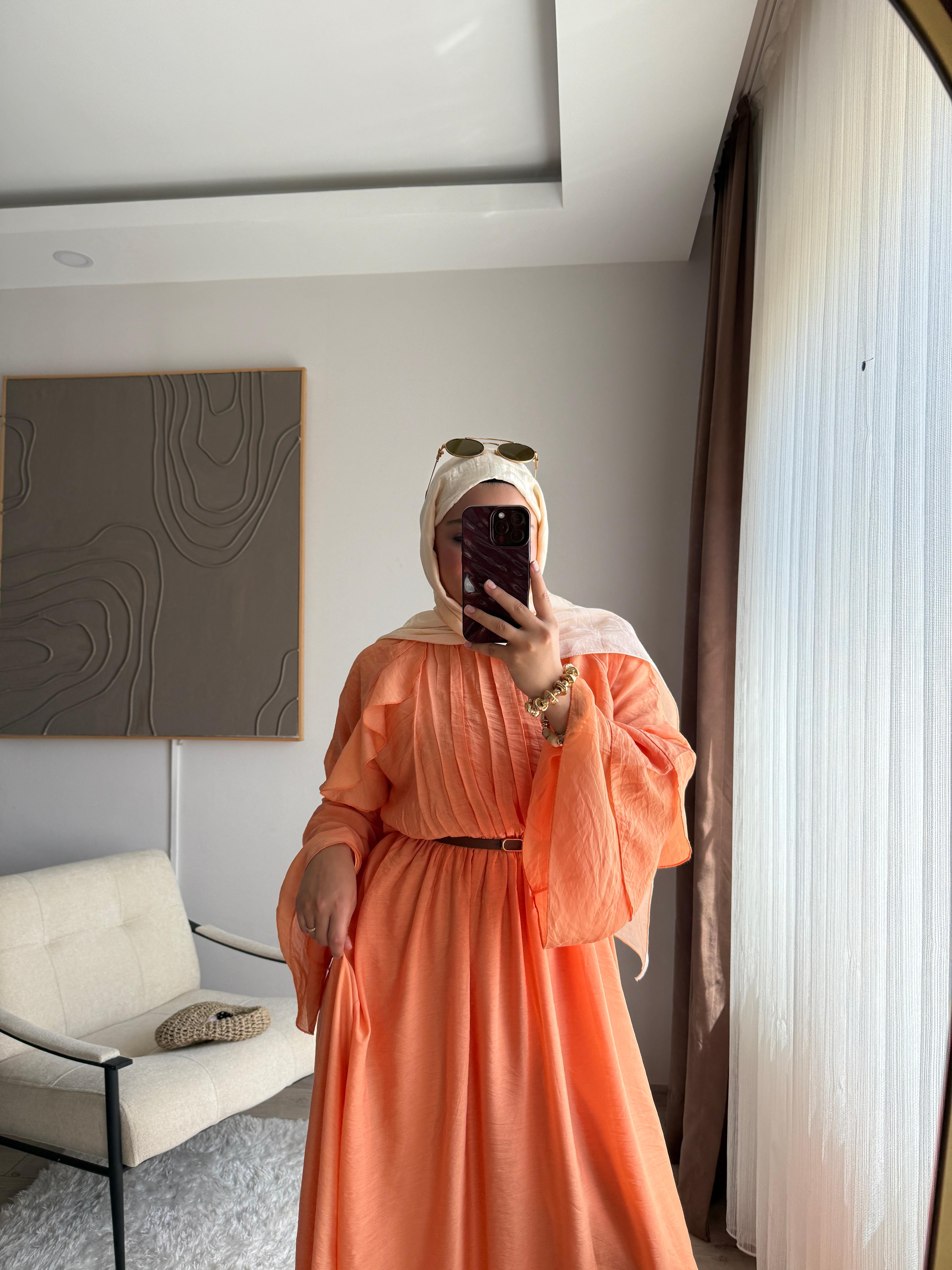 Soft Turuncu Plise Maxi Elbise