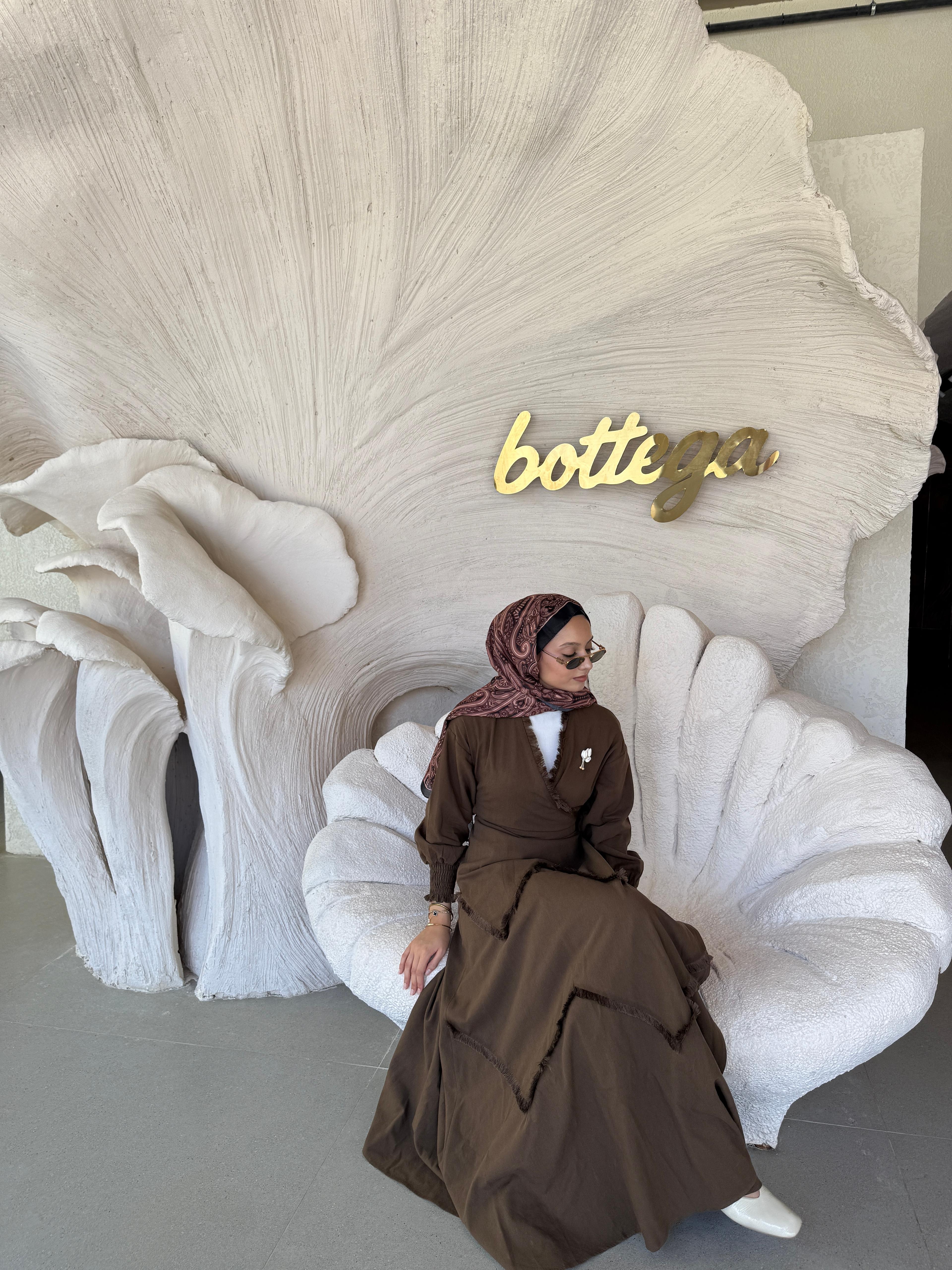 Püsküllü Keten Acı Kahve Kimono Elbise