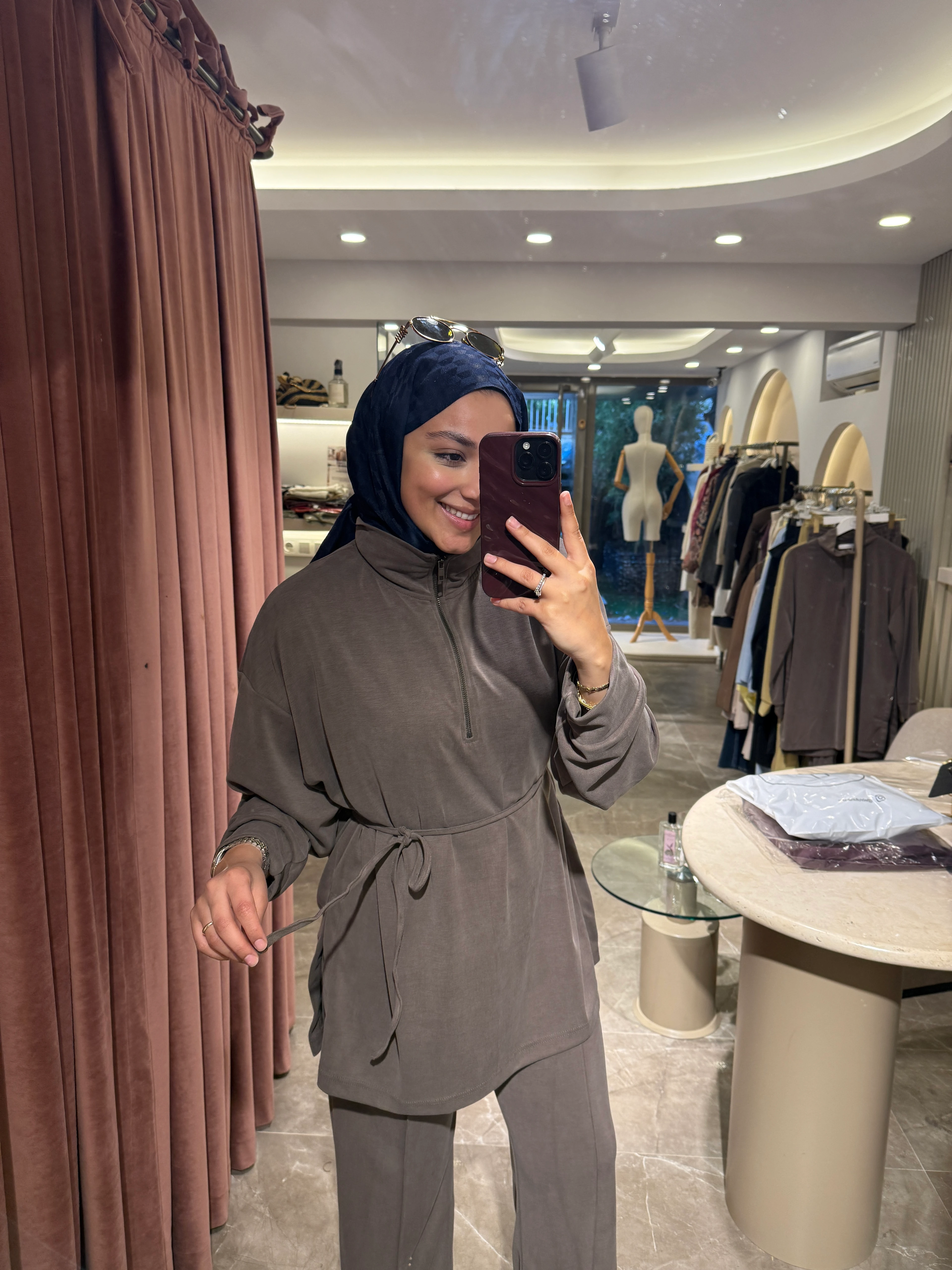 Fermuarlı Dik Yaka Premium Oysho Takım - Sütlü Kahve 