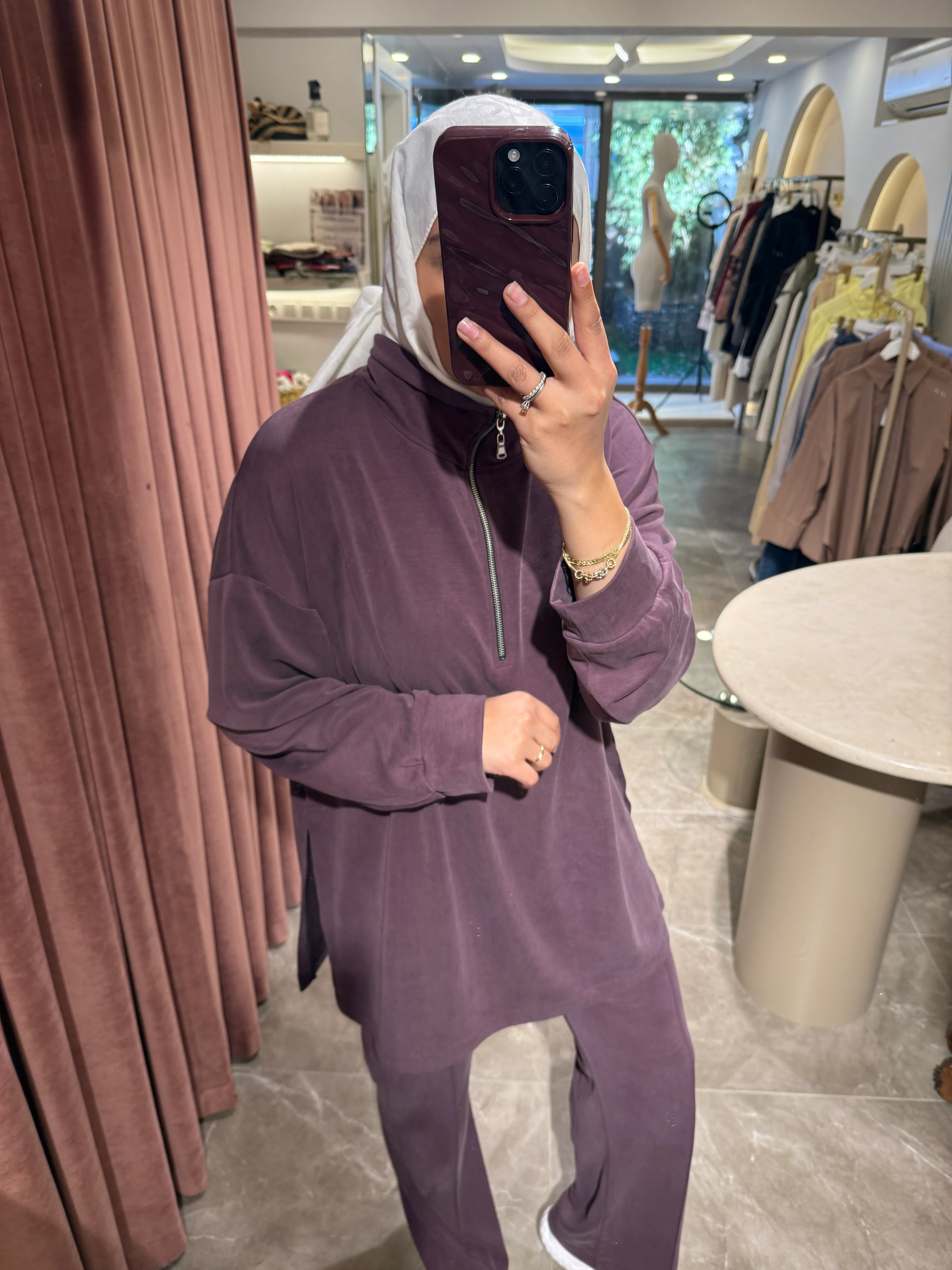 Fermuarlı Dik Yaka Premium Oysho Takım - Mürdüm 