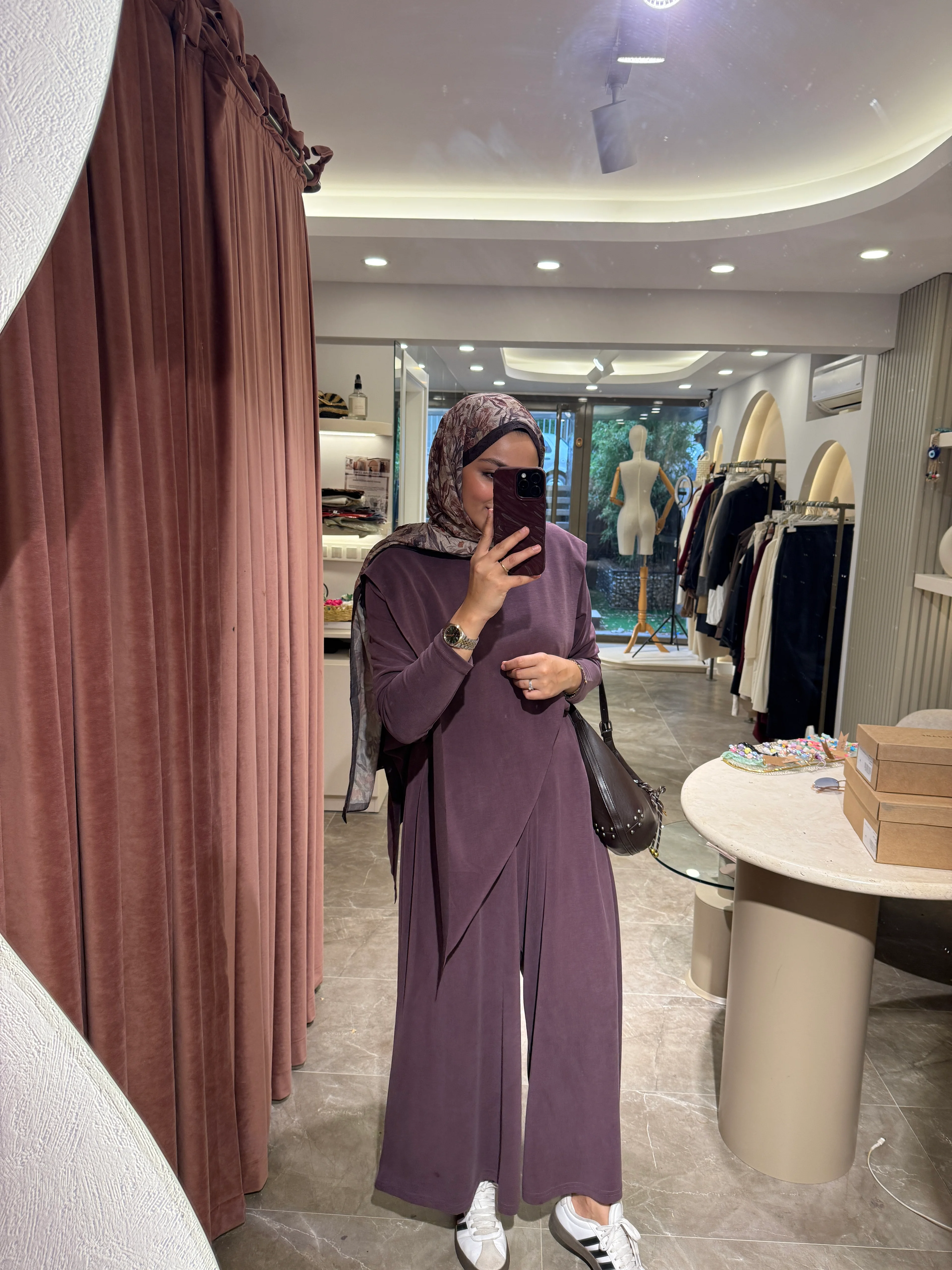 Çapraz Yaka Etek Pantolon Premium Oysho Takım - Mürdüm