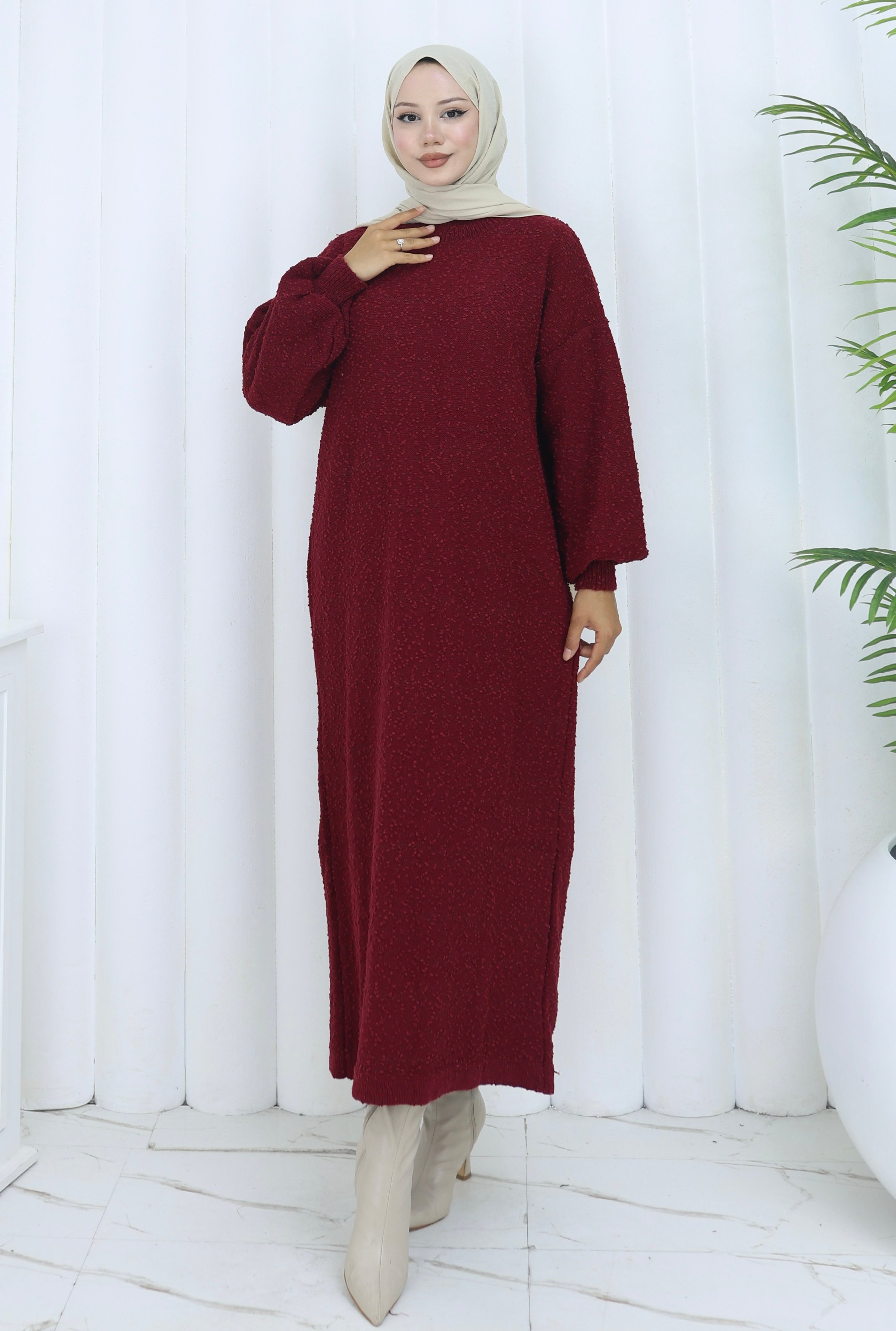 Oversize Yarasa Kol Triko Elbise - Bordo