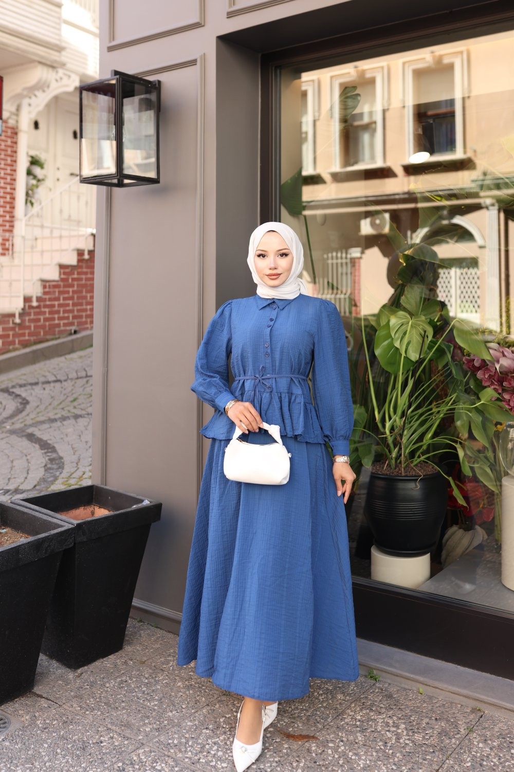 Balon Kol Peplum Bluzlu Solva Etek Takımı - Mavi