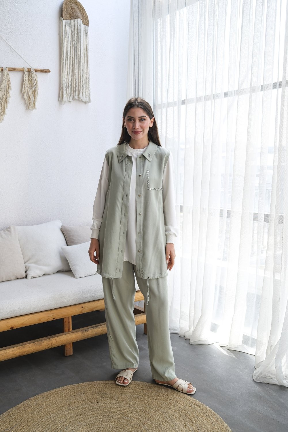 Rima Üçlü Takım Taş Detayıyla Sade ve Şık - Mint Yeşili