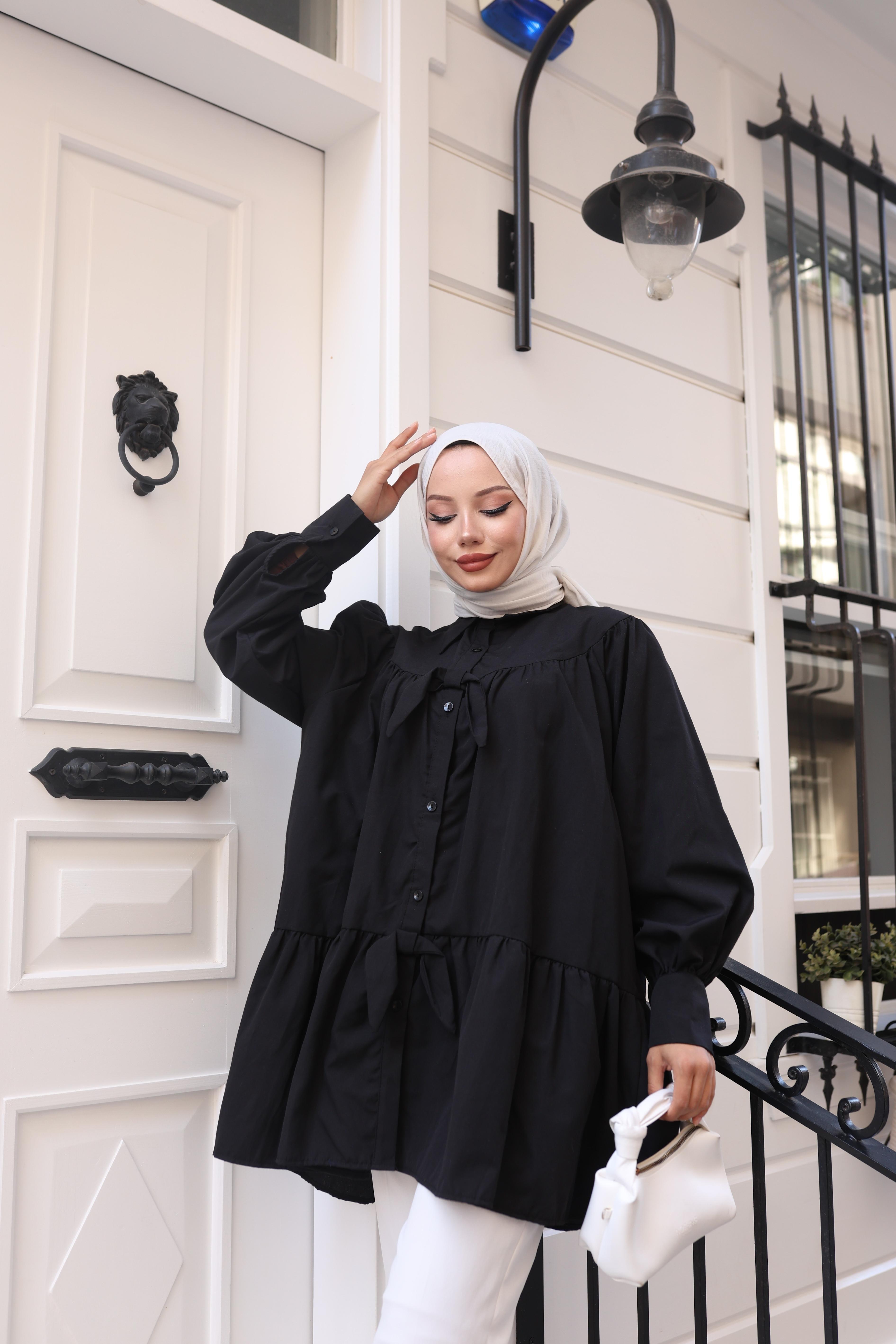Mireya Fiyonk ve Volan Detaylı Tunik - Siyah