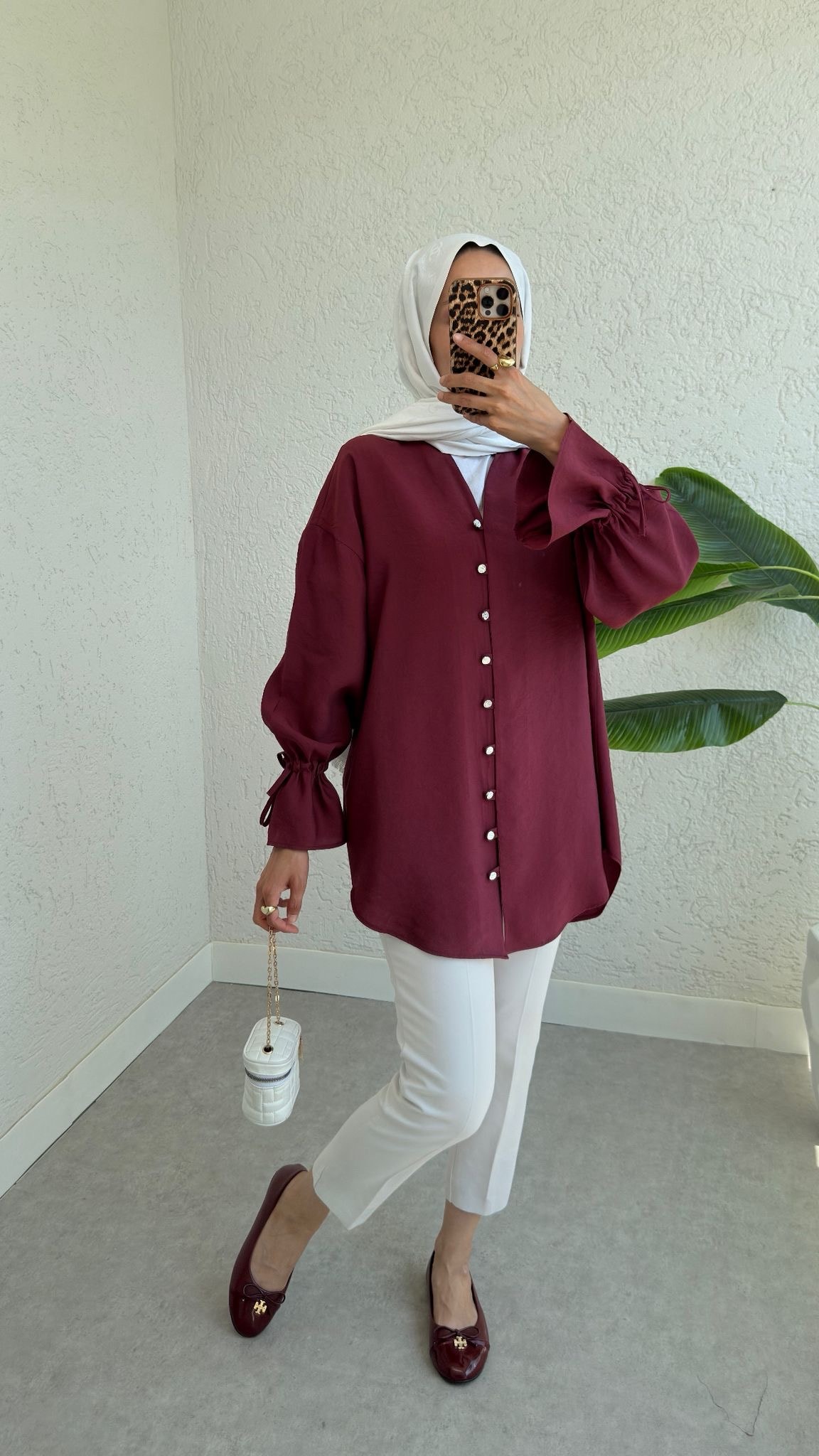Bağlamalı Kol ve Rahat Kesim Gömlek - Bordo