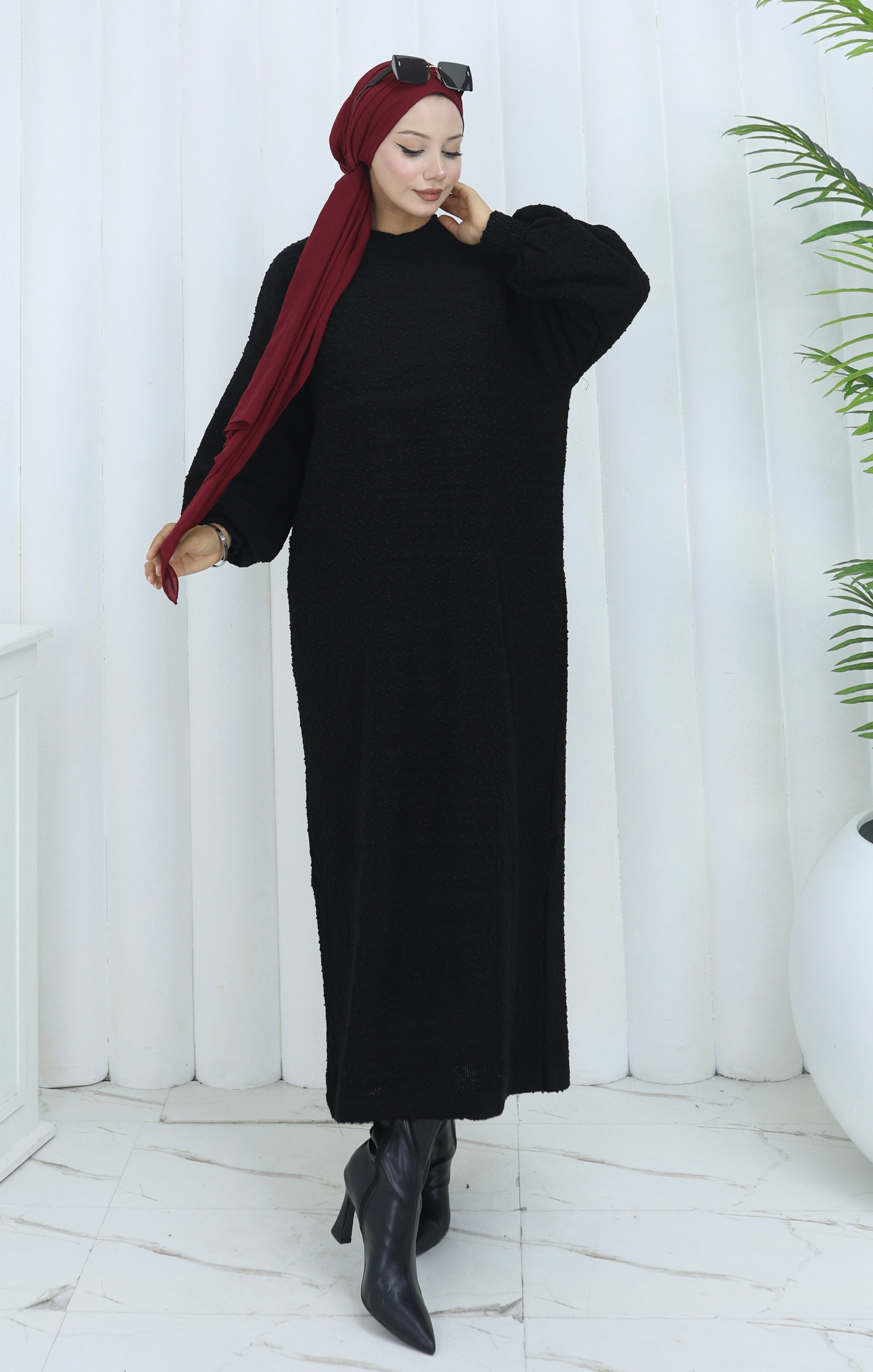 Oversize Yarasa Kol Triko Elbise - Siyah