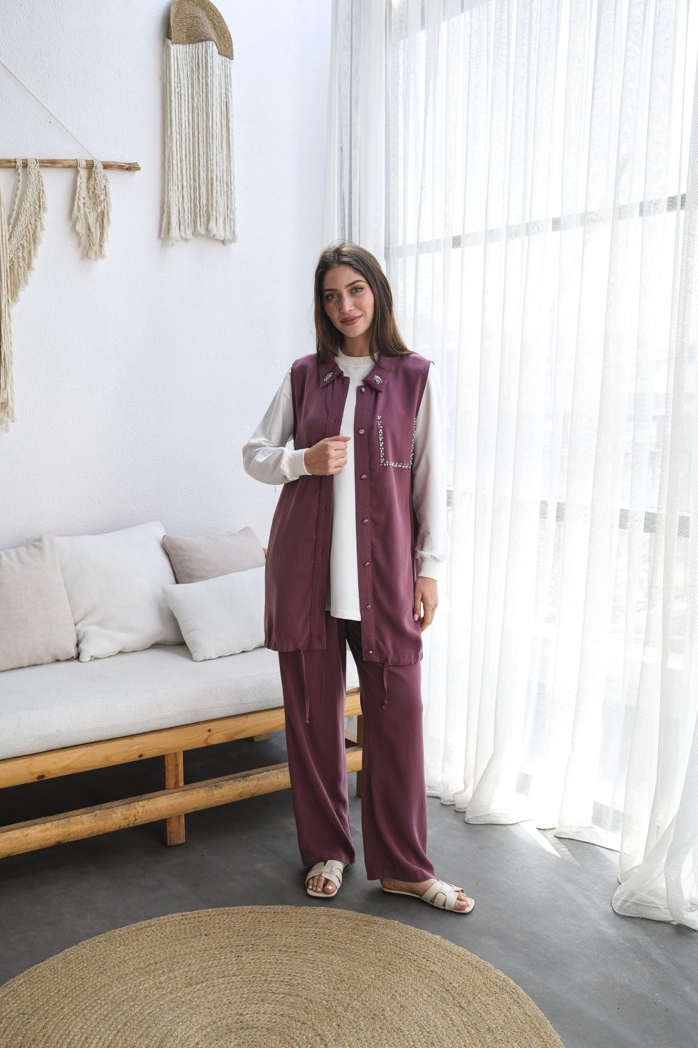 Rima Üçlü Takım Taş Detayıyla Sade ve Şık - Mürdüm