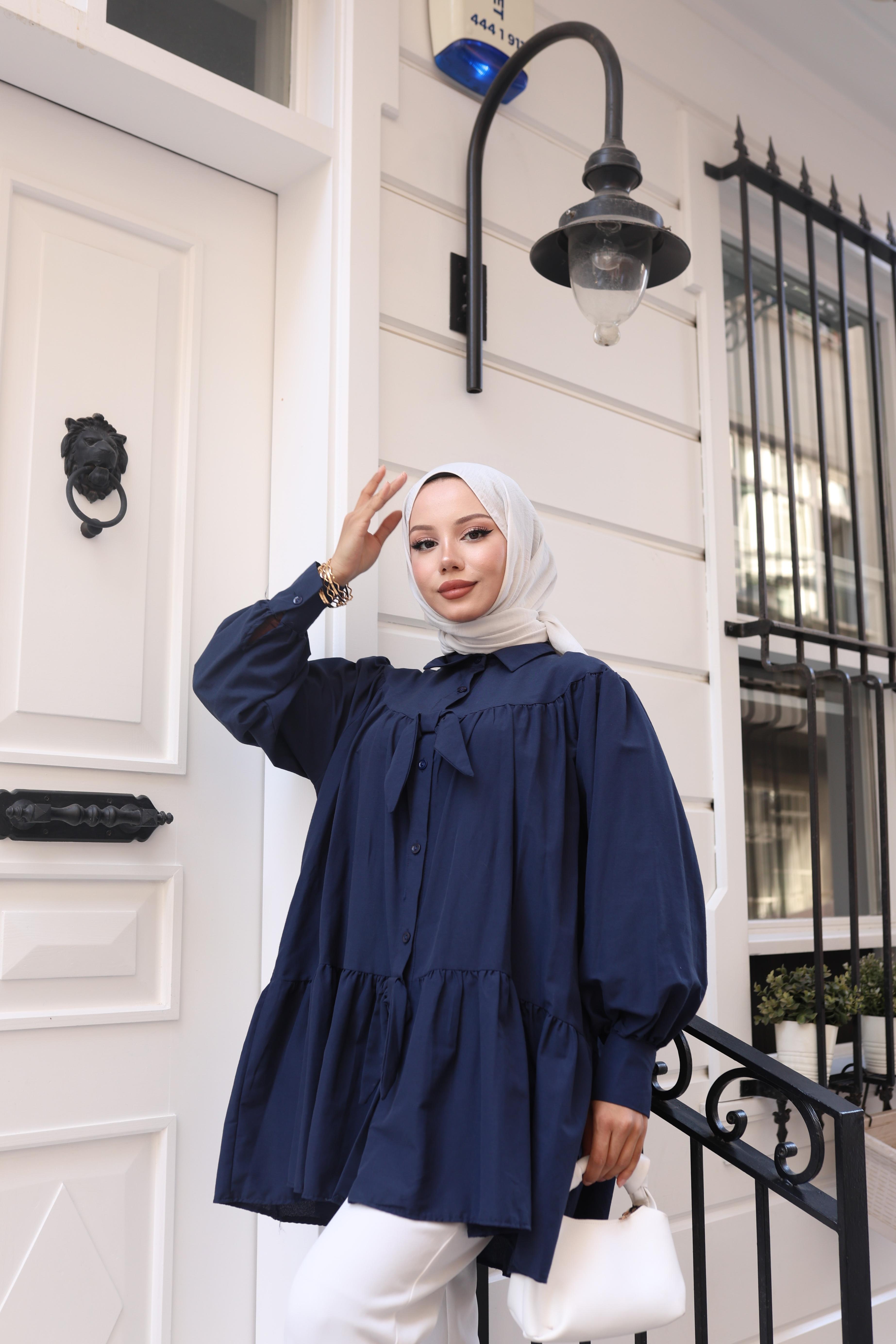 Mireya Fiyonk ve Volan Detaylı Tunik - Lacivert