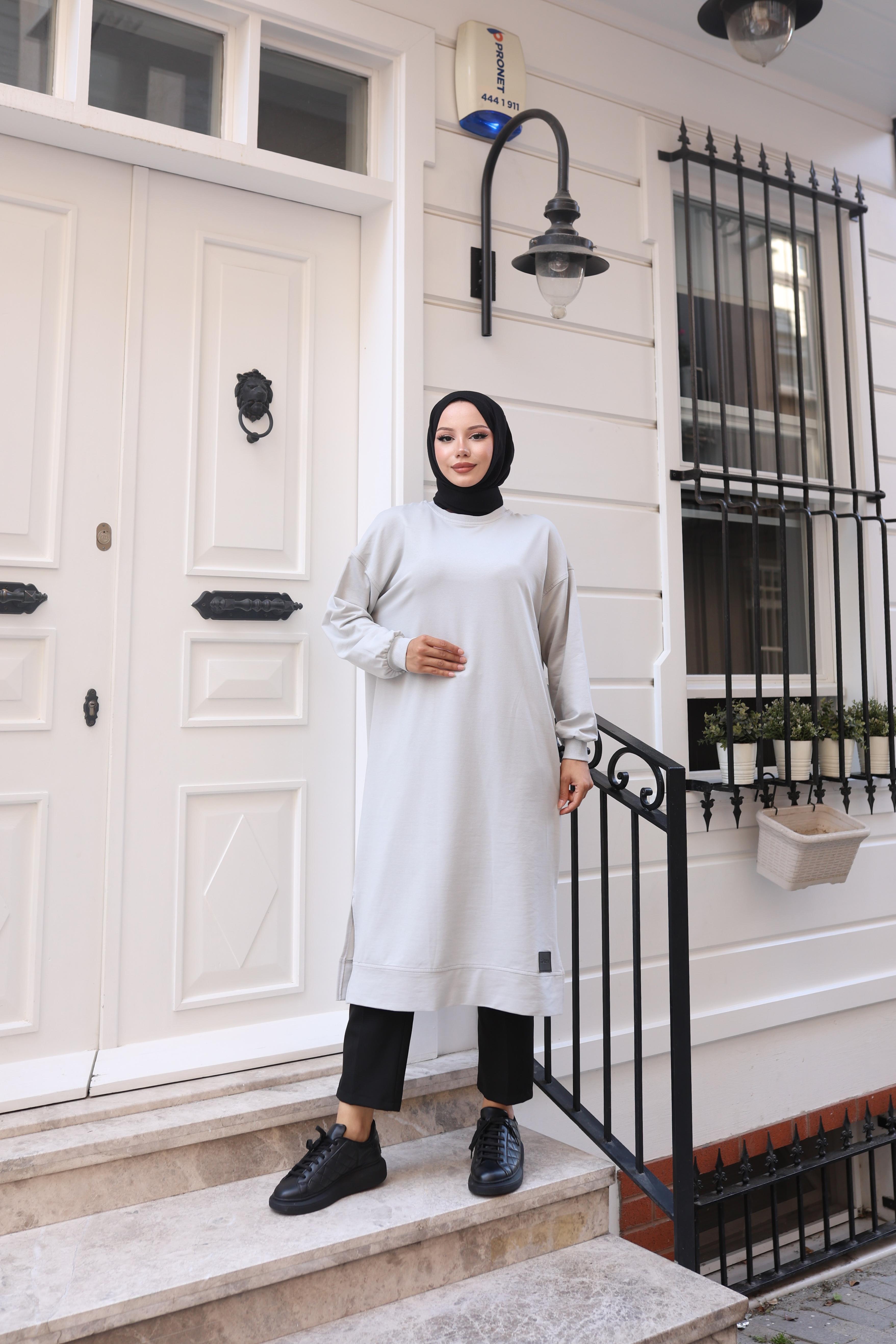 Yırtmaç Detaylı, Bisiklet Yaka Rahat Tunik - Gri