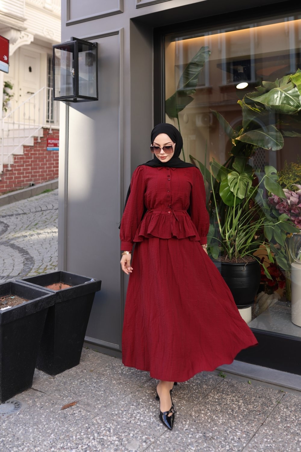 Balon Kol Peplum Bluzlu Solva Etek Takımı - Bordo