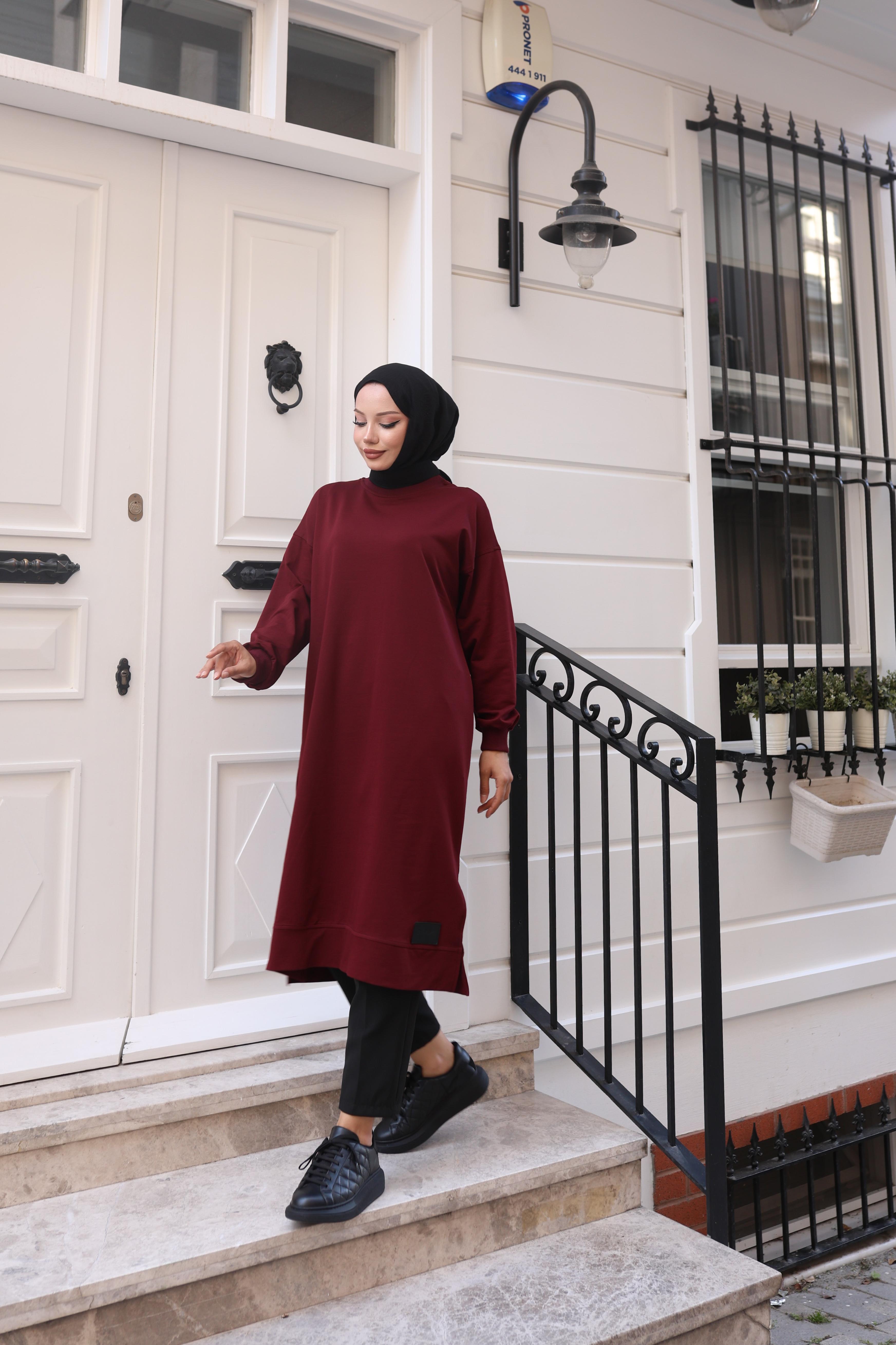 Yırtmaç Detaylı, Bisiklet Yaka Rahat Tunik - Bordo