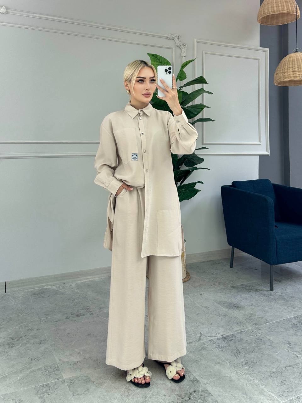 Valleria Salaş Gömlek ve Bol Paça Pantolonlu İkili Takım - Taş Rengi