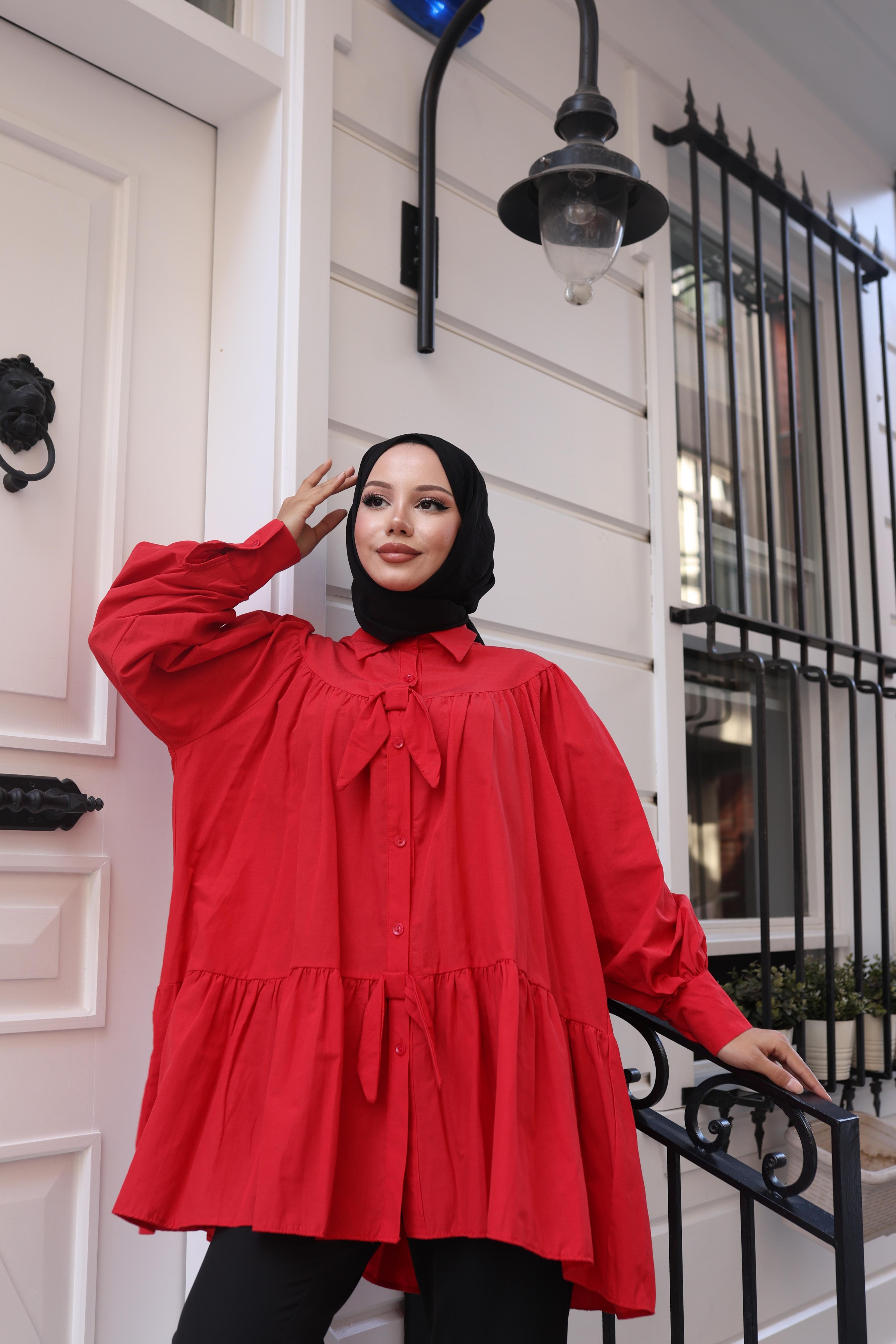 Mireya Fiyonk ve Volan Detaylı Tunik - Kırmızı