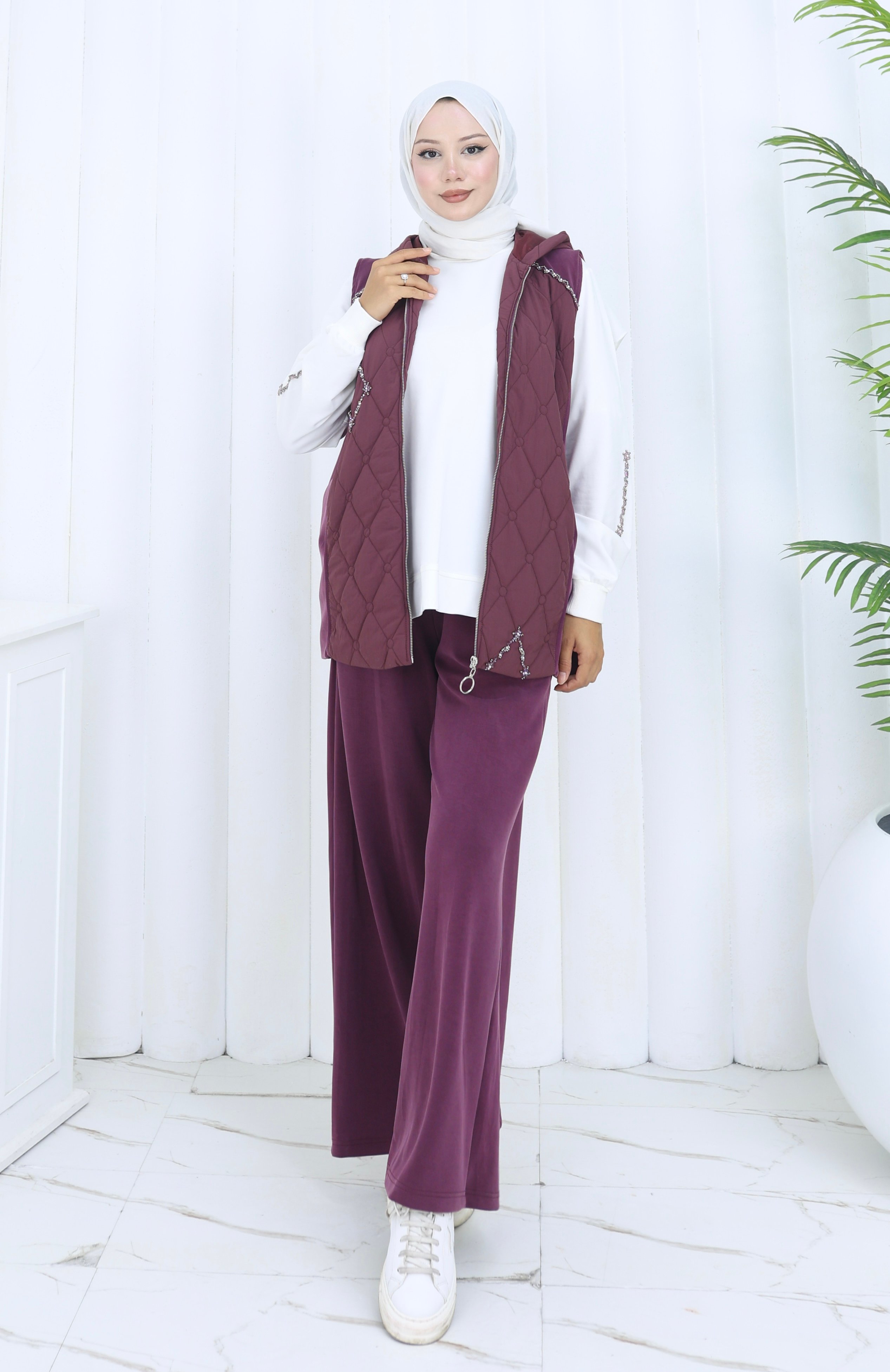 Kapüşonlu Yelek, Basic Sweat ve Rahat Pantolon Üçlü Takım - Bordo