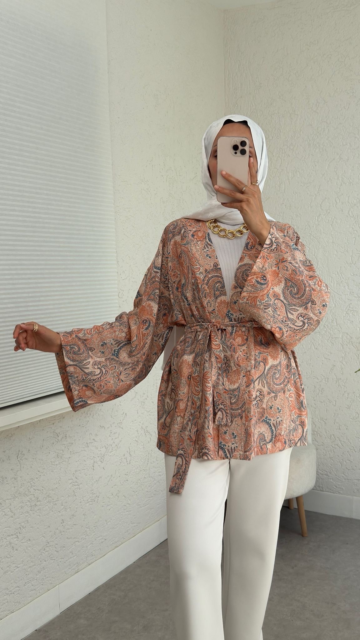 Şal Desen Kimono  - Pudra