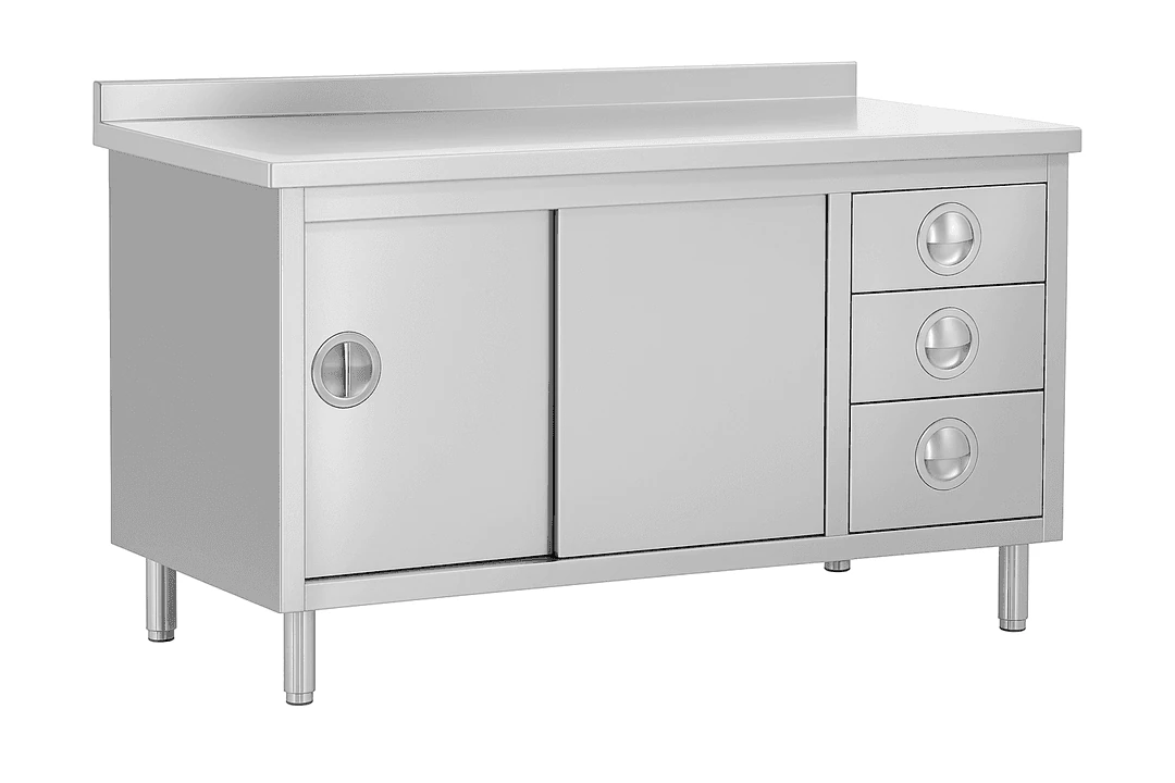 Paslanmaz Dolaplı Çalışma Tezgahı, Ara Raflı ve Çekmeceli (70 cm Derinlik)