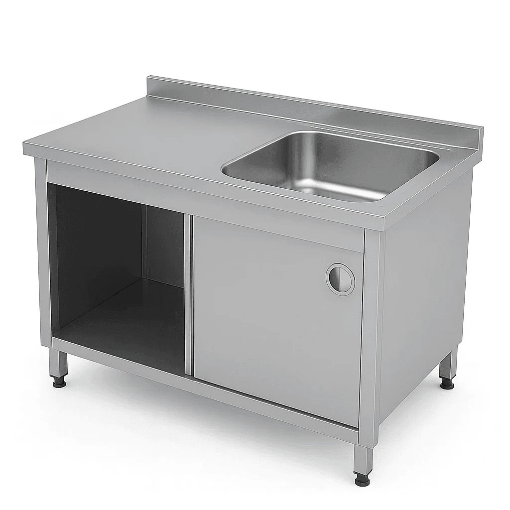 Paslanmaz Evyeli Dolaplı Tezgah - Sürgü Kapaklı, Sağ Yön (60cm Derinlik 430 Kalite)